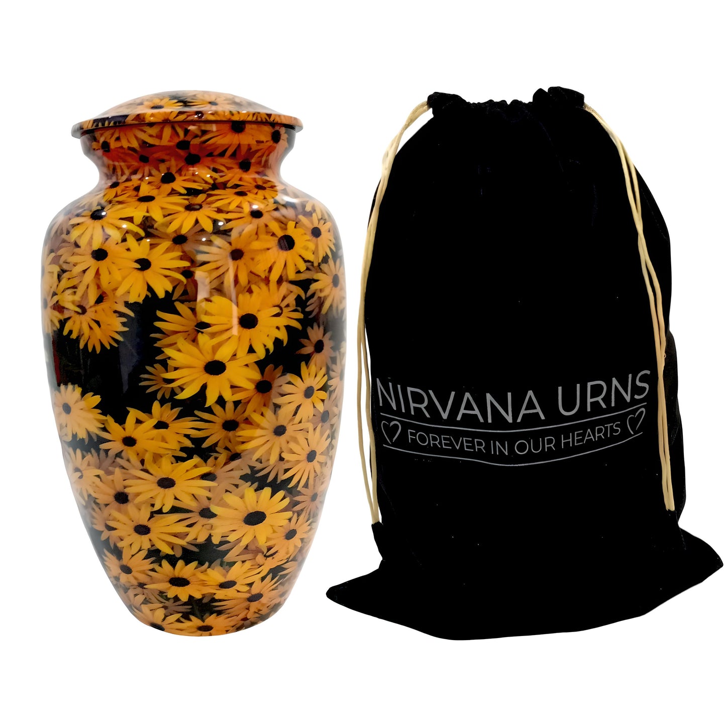 Adult Cremation Urn - Sunlit Sunflower on Black Gloss (product code: NUYS)