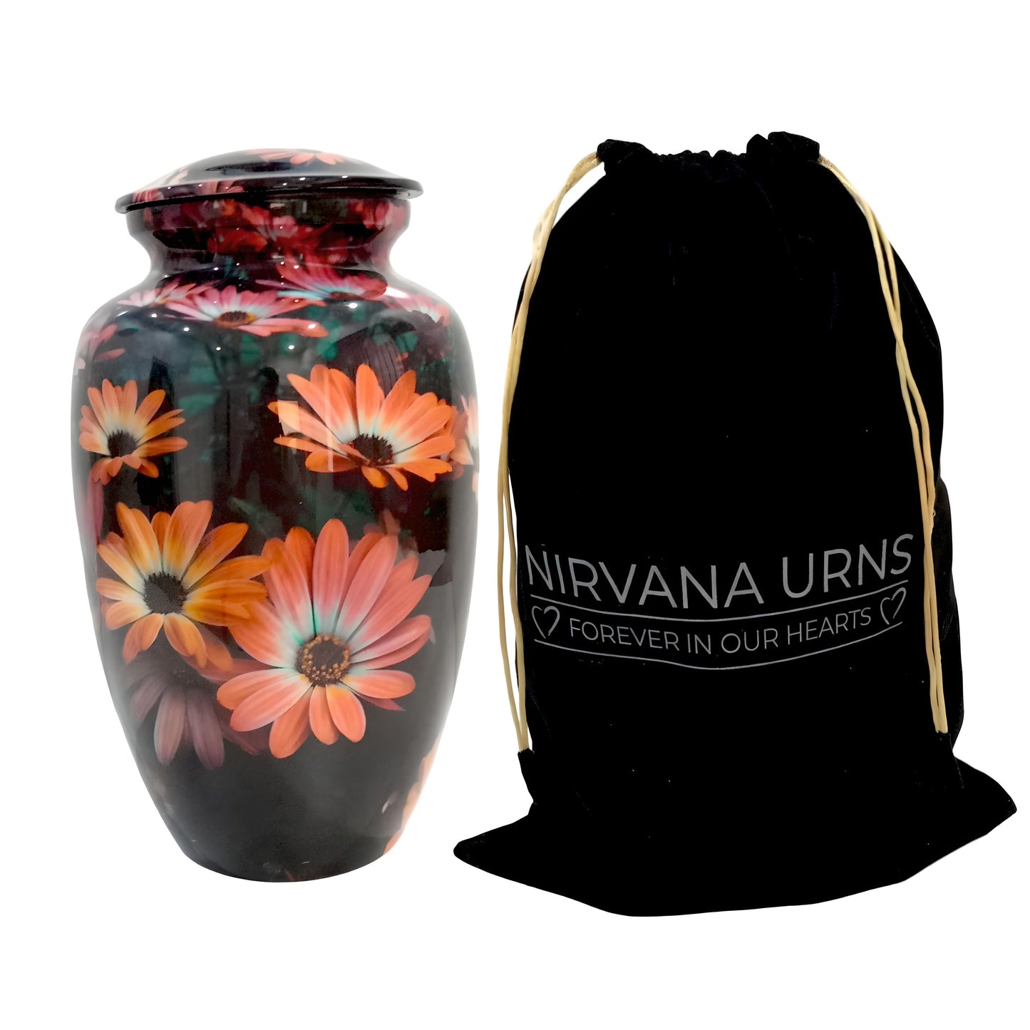 Adult Cremation Urn Black with Orange Floral Blossom Design & Velvet Bag (Product Code NUBSF)