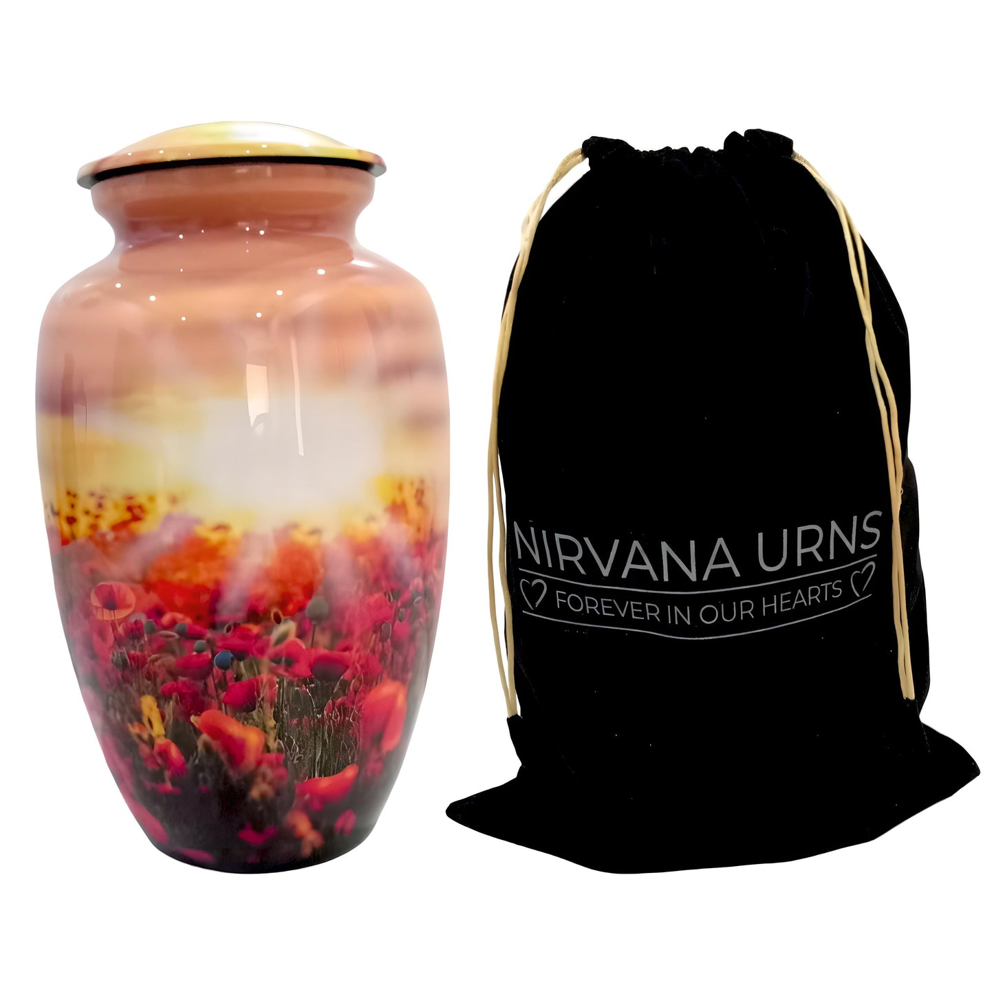 Adult Cremation Urn – Flower Field with Rising Sun Design in Gloss Finish (NURFSS)