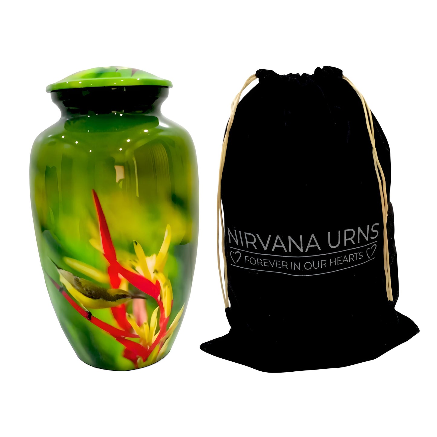 Adult Cremation Urn Hummingbird & Red Floral Design Gloss Green Aluminum Finish (Product Code NUHBRP)