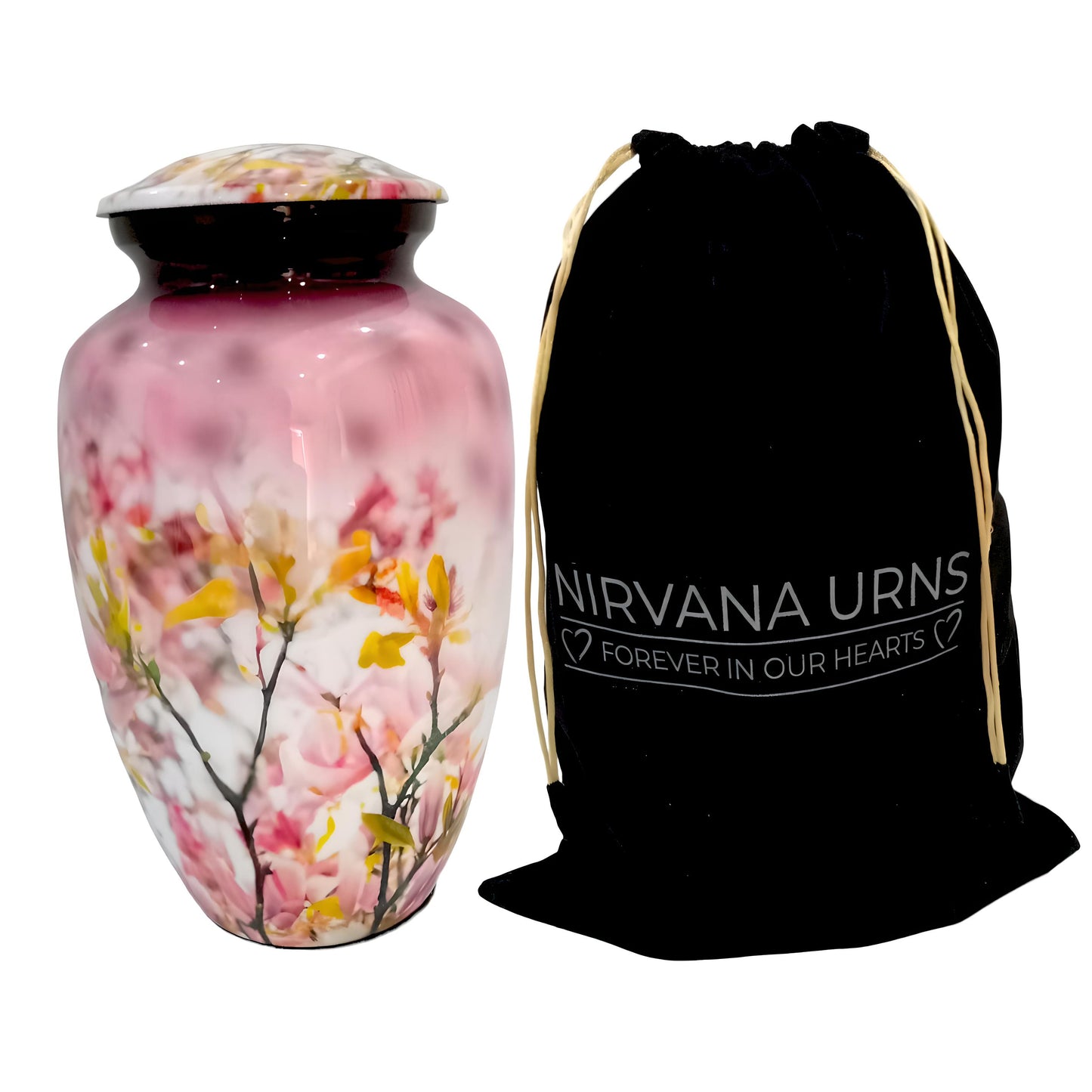 Adult Cremation Urn Pink Floral Blossom Design Gloss Aluminum Finish (Product Code NUFPB)