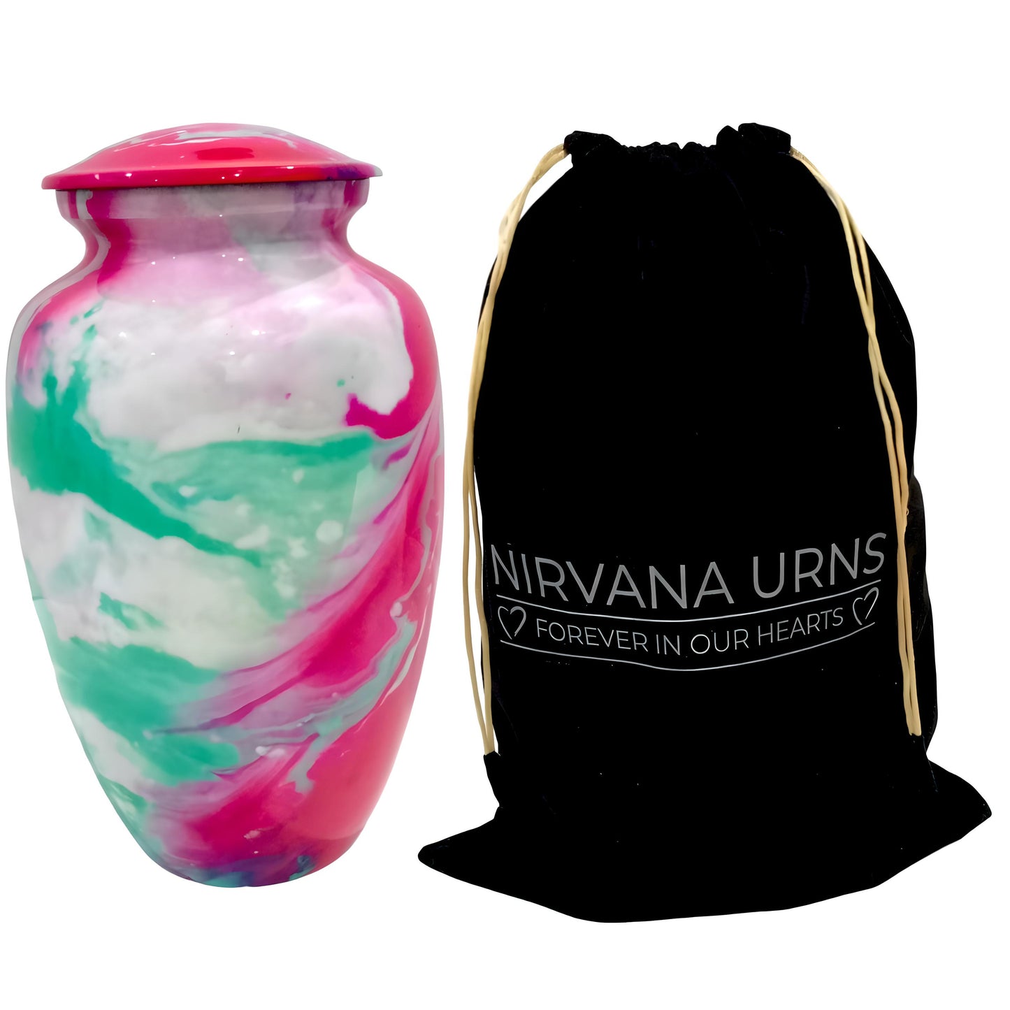 Adult Cremation Urn Pink & Teal Swirl Abstract Design Gloss Aluminum Finish (Product Code NUACT)