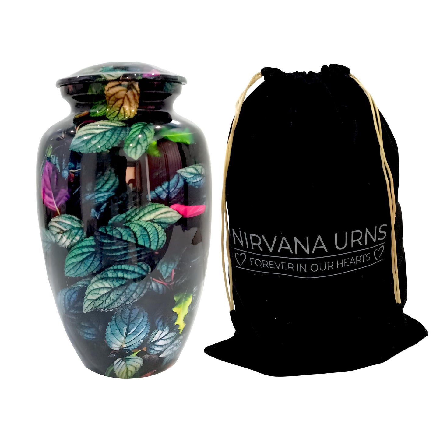 Adult Cremation Urn – Rainforest Green & Purple Leaf Design in Gloss Finish (Product Code: NURGPBL)