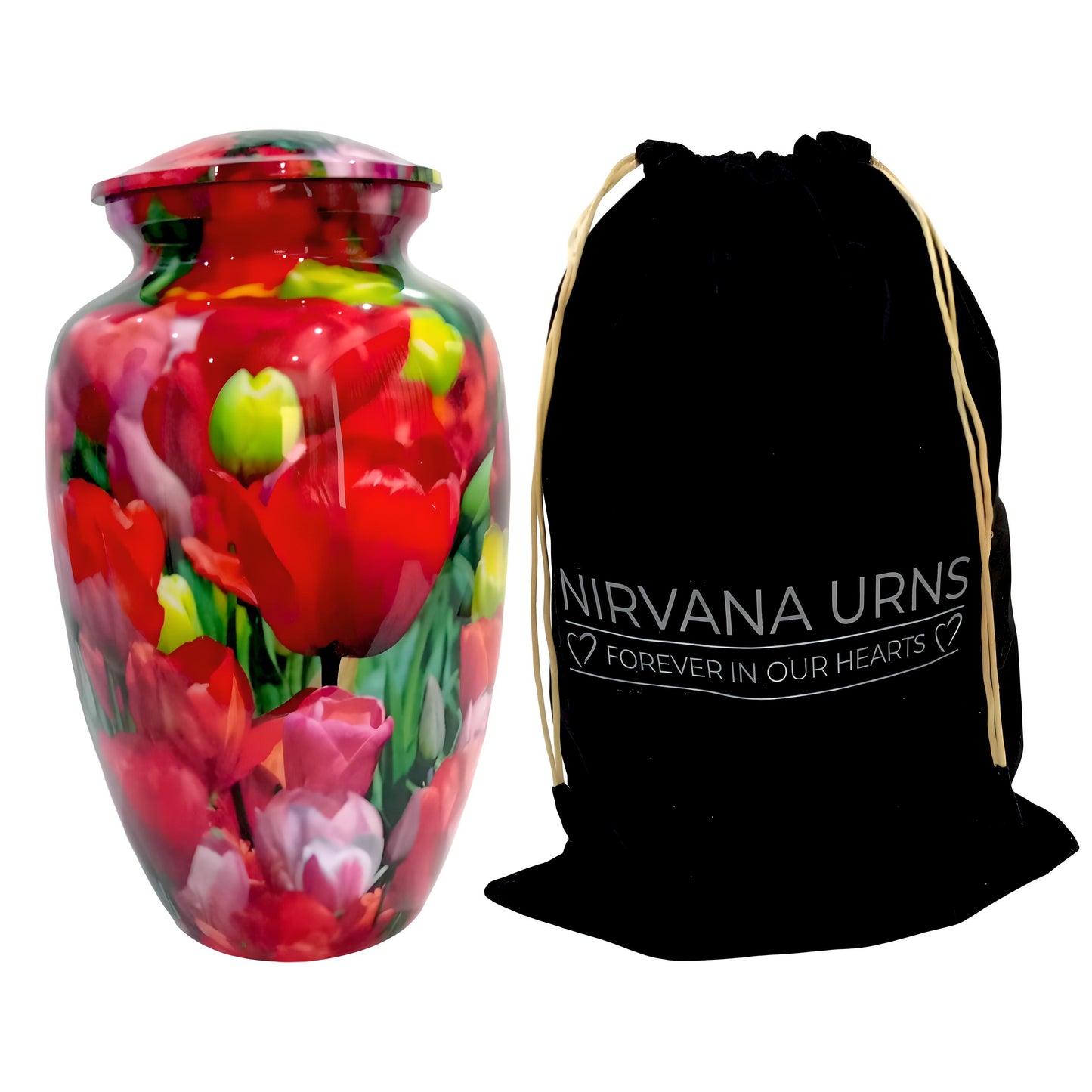 Adult Cremation Urn – Red, White & Green Tulip Blossom Design in Gloss Finish (Product Code: NURYPR)