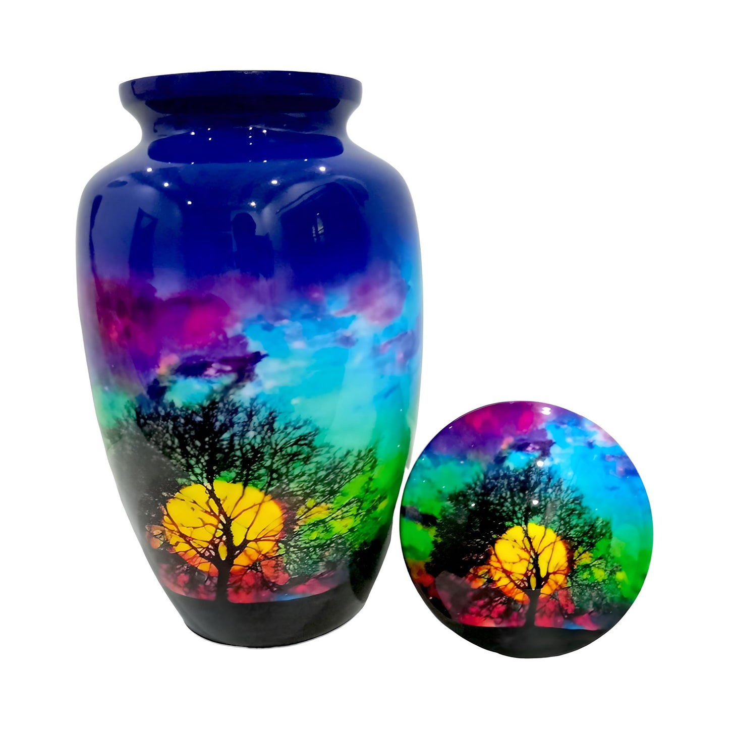Adult Cremation Urn Sunset and Tree Silhouette with Colorful Sky Design (Product Code: NUTSAS)