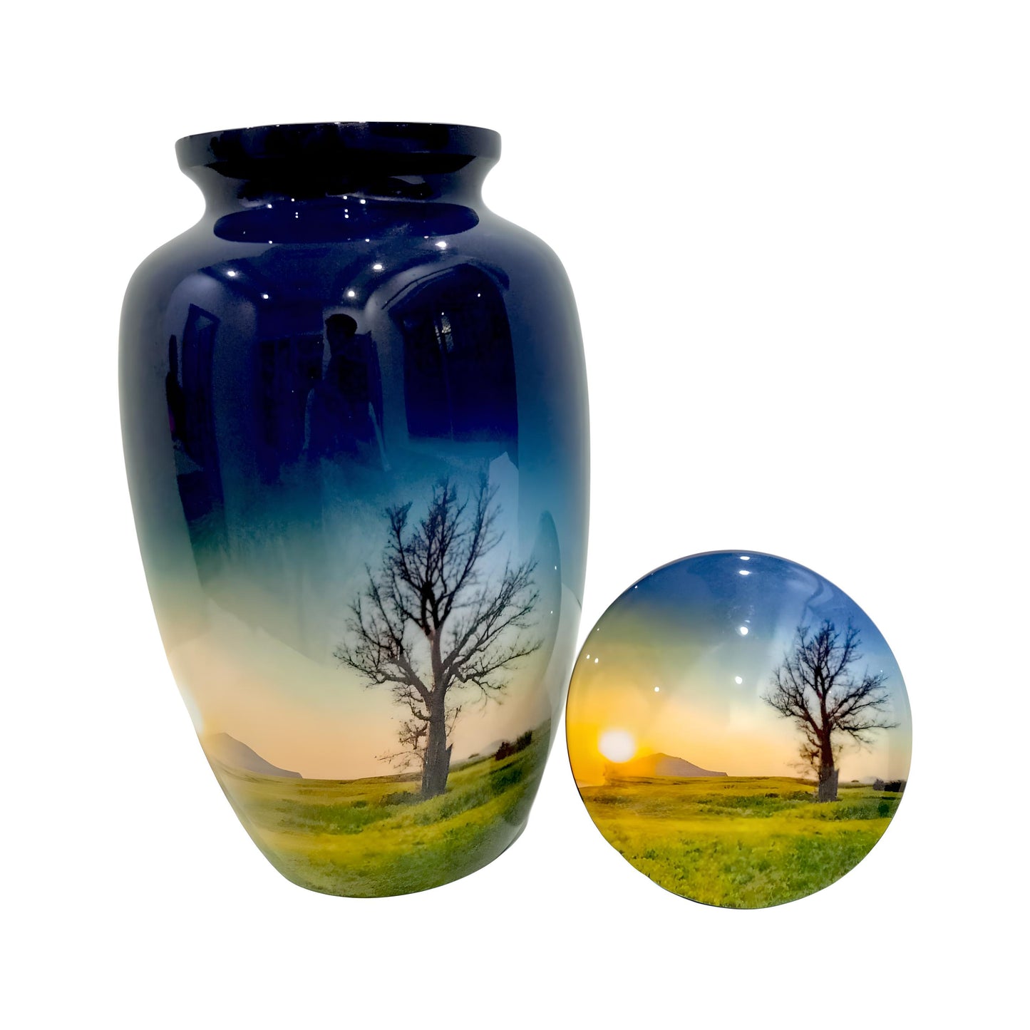 Adult Cremation Urn – Tranquil Sunrise with Tree and Meadow Design (Product Code: NUTT)