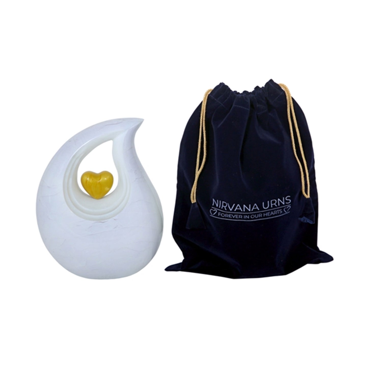 Adult Cremation Urn White Teardrop Design with Golden Heart & Velvet Bag (Product Code NUABT-A)