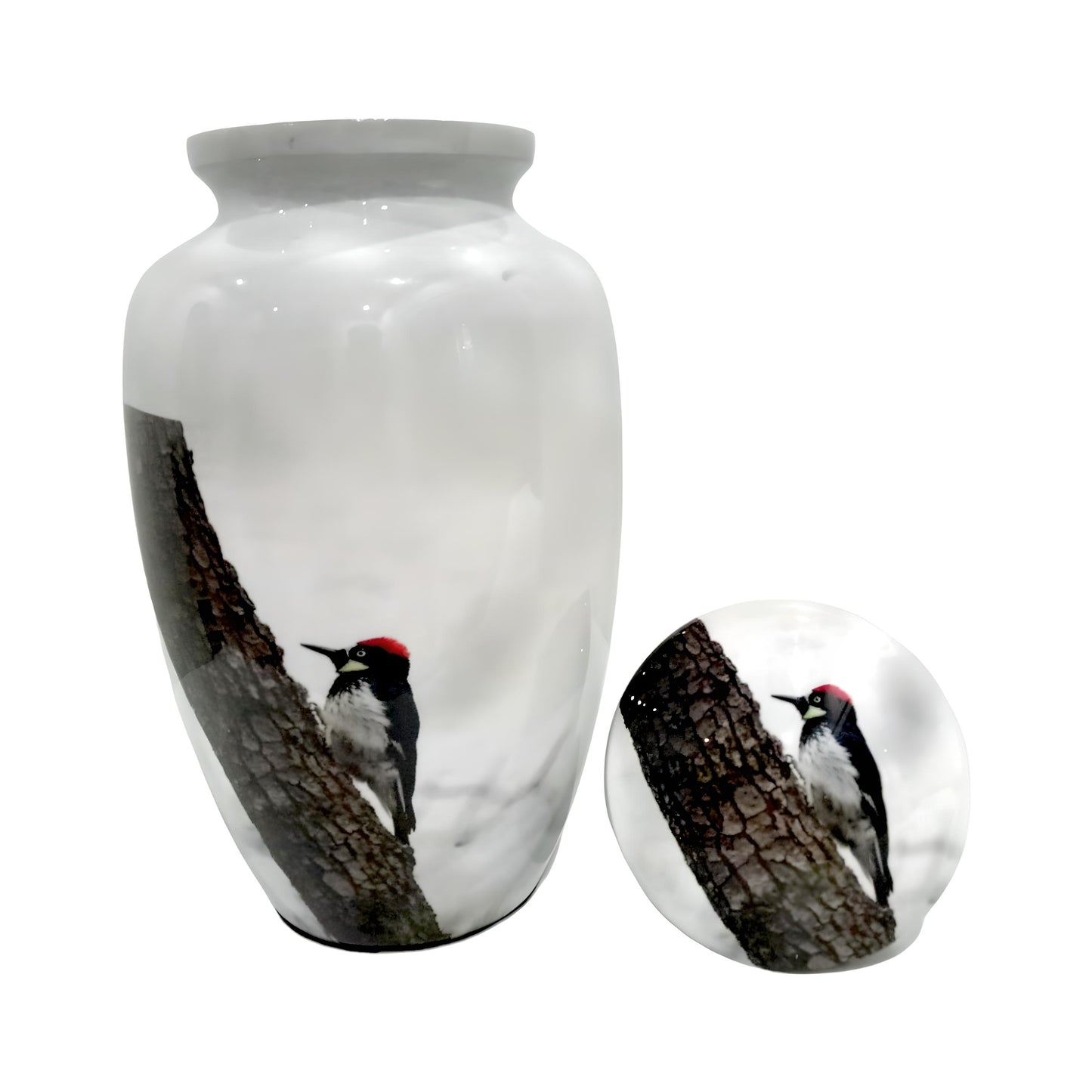 Adult Cremation Urn White Woodpecker Design with Velvet Bag (Product Code NUWP)