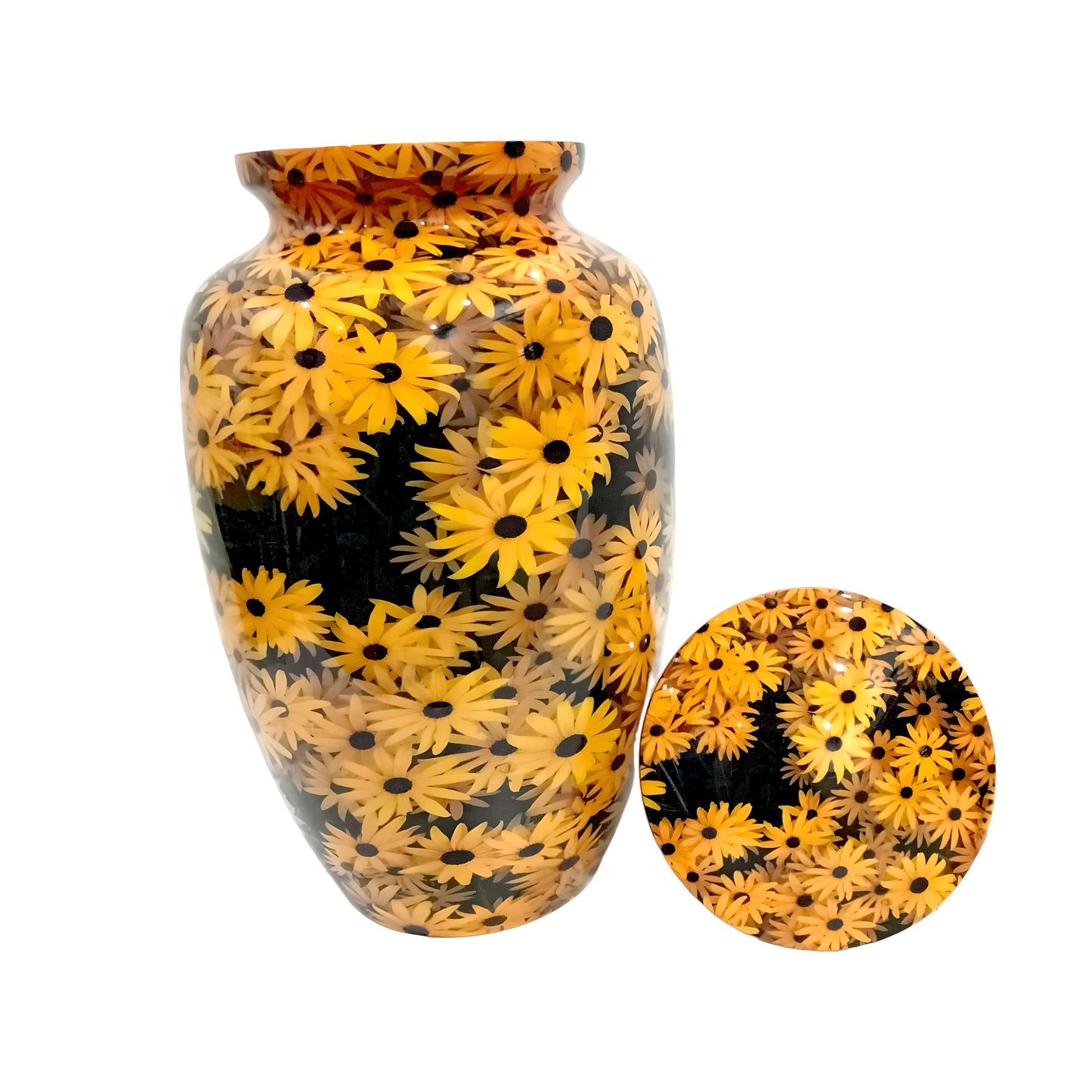 Adult Cremation Urn - Sunlit Sunflower on Black Gloss (product code: NUYS)