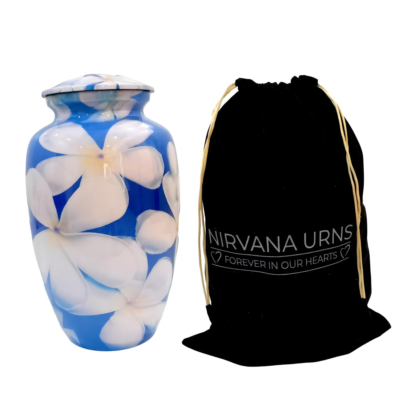 Adult Cremation Urn - White Flowers on Blue Background (product code: NUWFBW)
