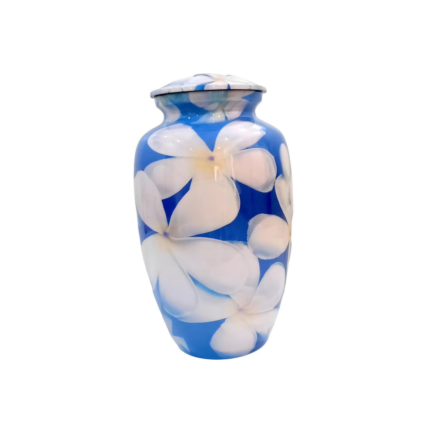 Adult Cremation Urn - White Flowers on Blue Background (product code: NUWFBW)