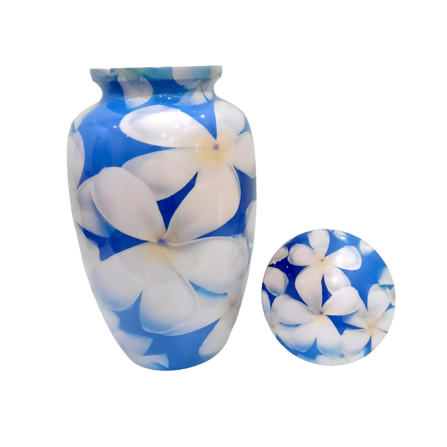 Adult Cremation Urn - White Flowers on Blue Background (product code: NUWFBW)