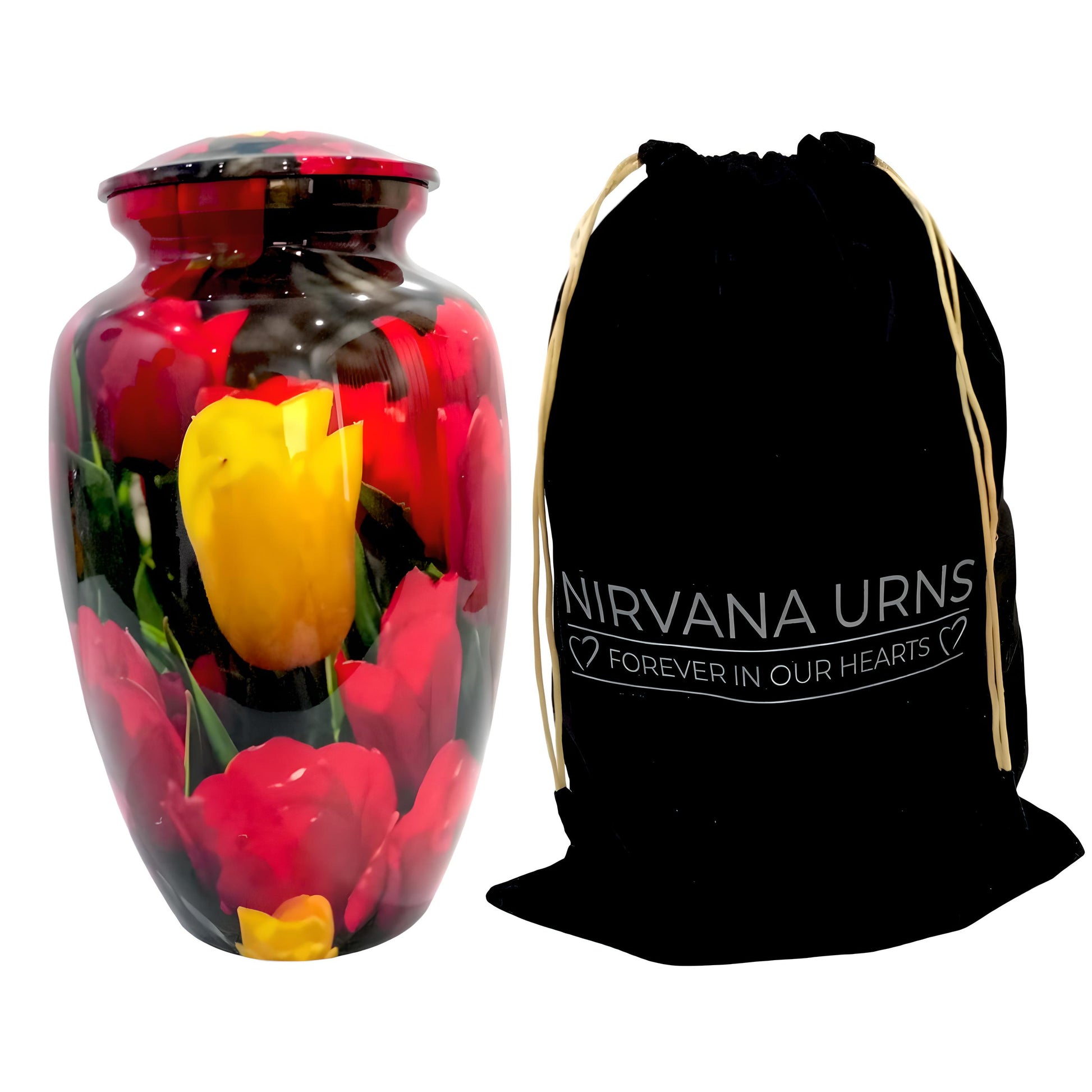 Adult Cremation Urn - Yellow Tulip Among Reds Design (product code: NUYTRT)