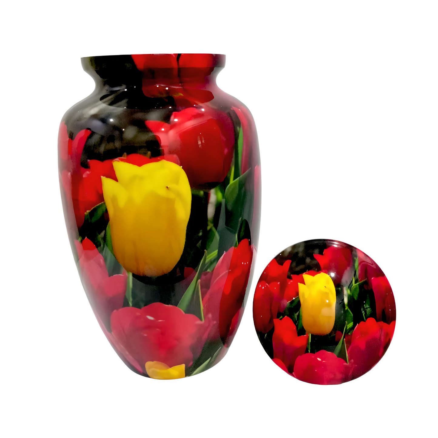 Adult Cremation Urn - Yellow Tulip Among Reds Design (product code: NUYTRT)