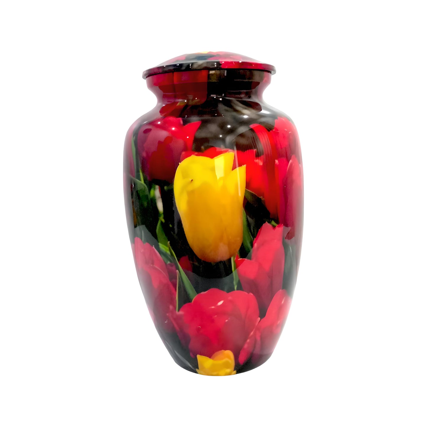 Adult Cremation Urn - Yellow Tulip Among Reds Design (product code: NUYTRT)