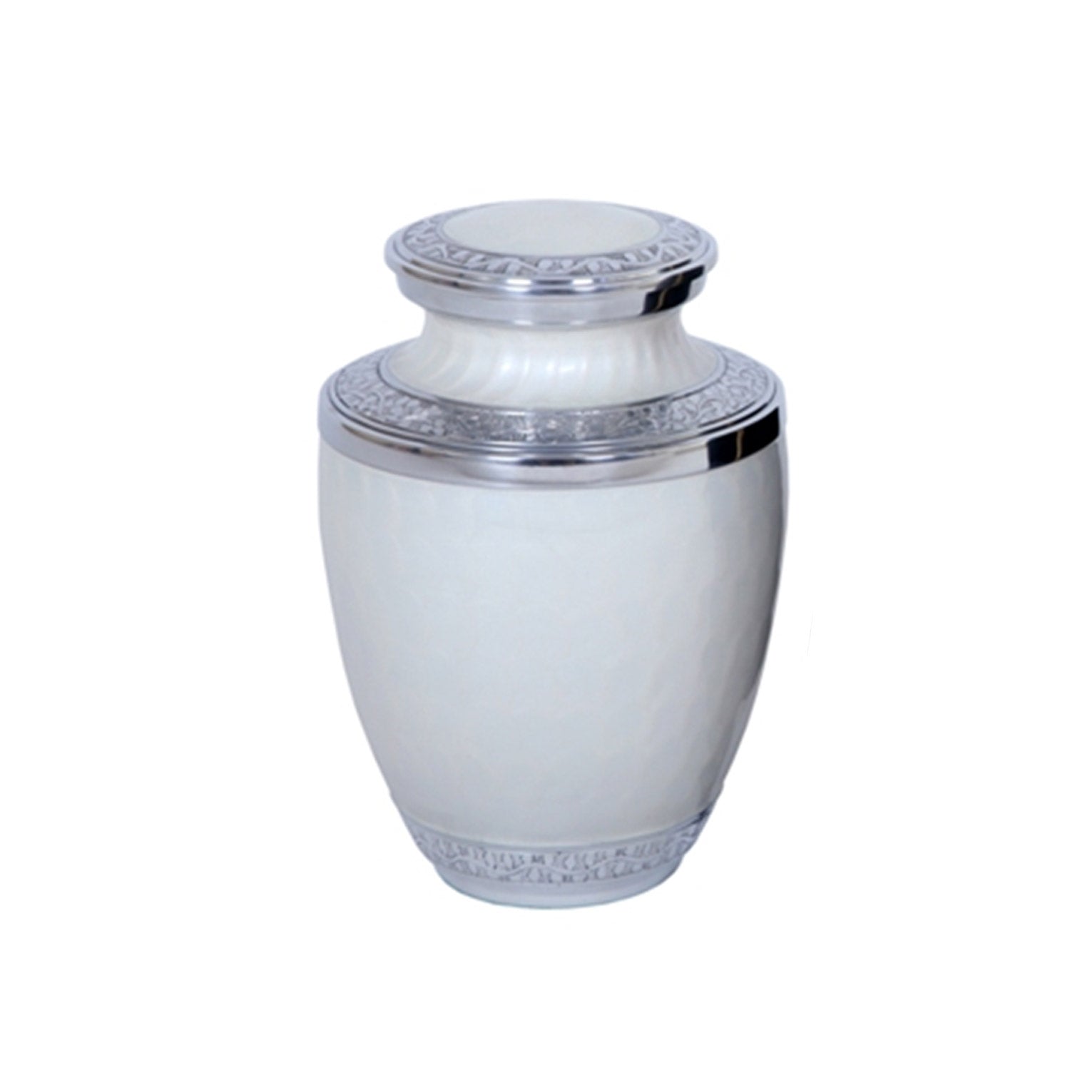 Adult Cremation Urn Aluminum Elegant White Finish Engraved Band Design (Product Code NUENPE)