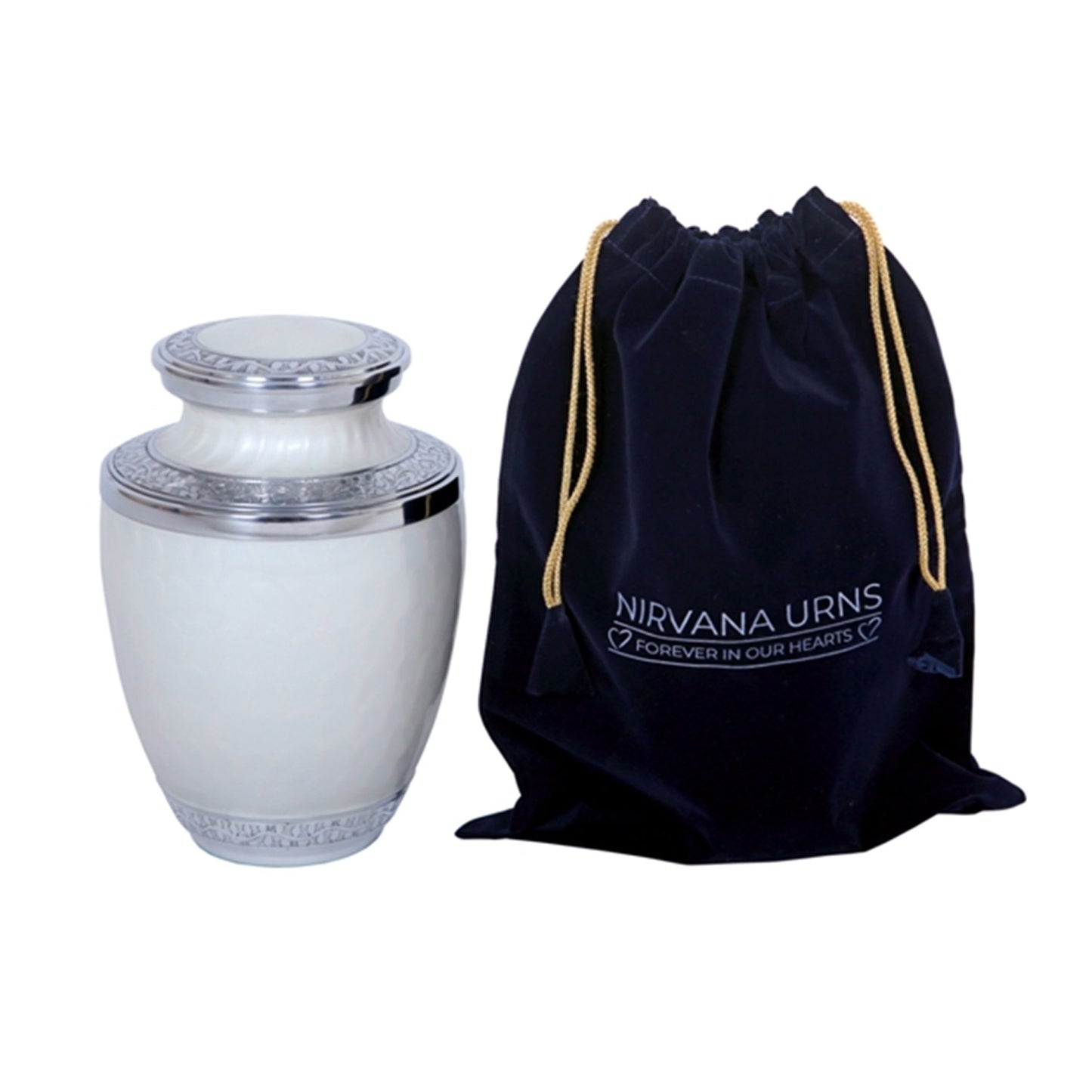Adult Cremation Urn Aluminum Elegant White Finish Engraved Band Design (Product Code NUENPE)