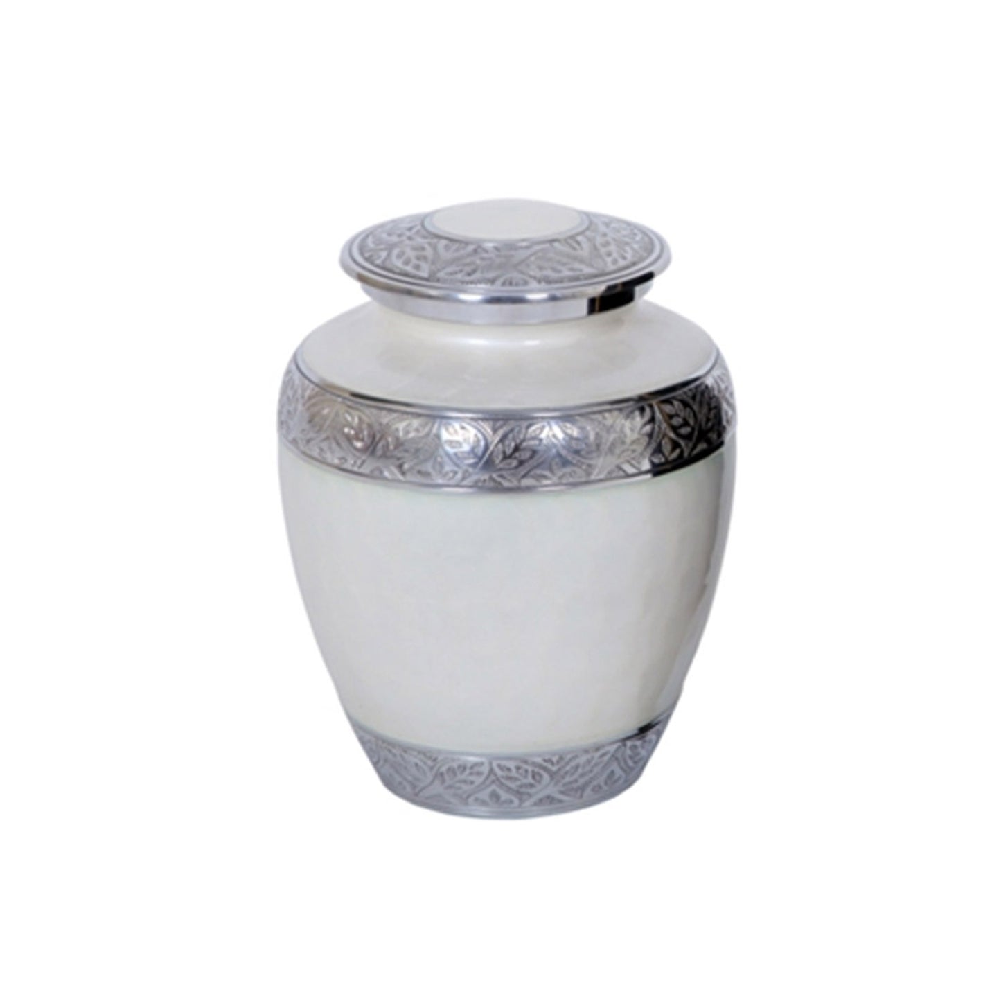 Adult Cremation Urn Aluminum Elegant White Finish & Engraved Ornament Design (Product Code NUEWEO)