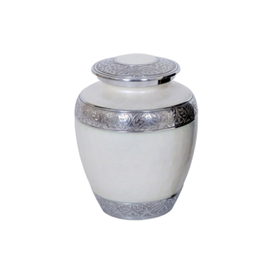 Adult Cremation Urn Aluminum Elegant White Finish & Engraved Ornament Design (Product Code NUEWEO)