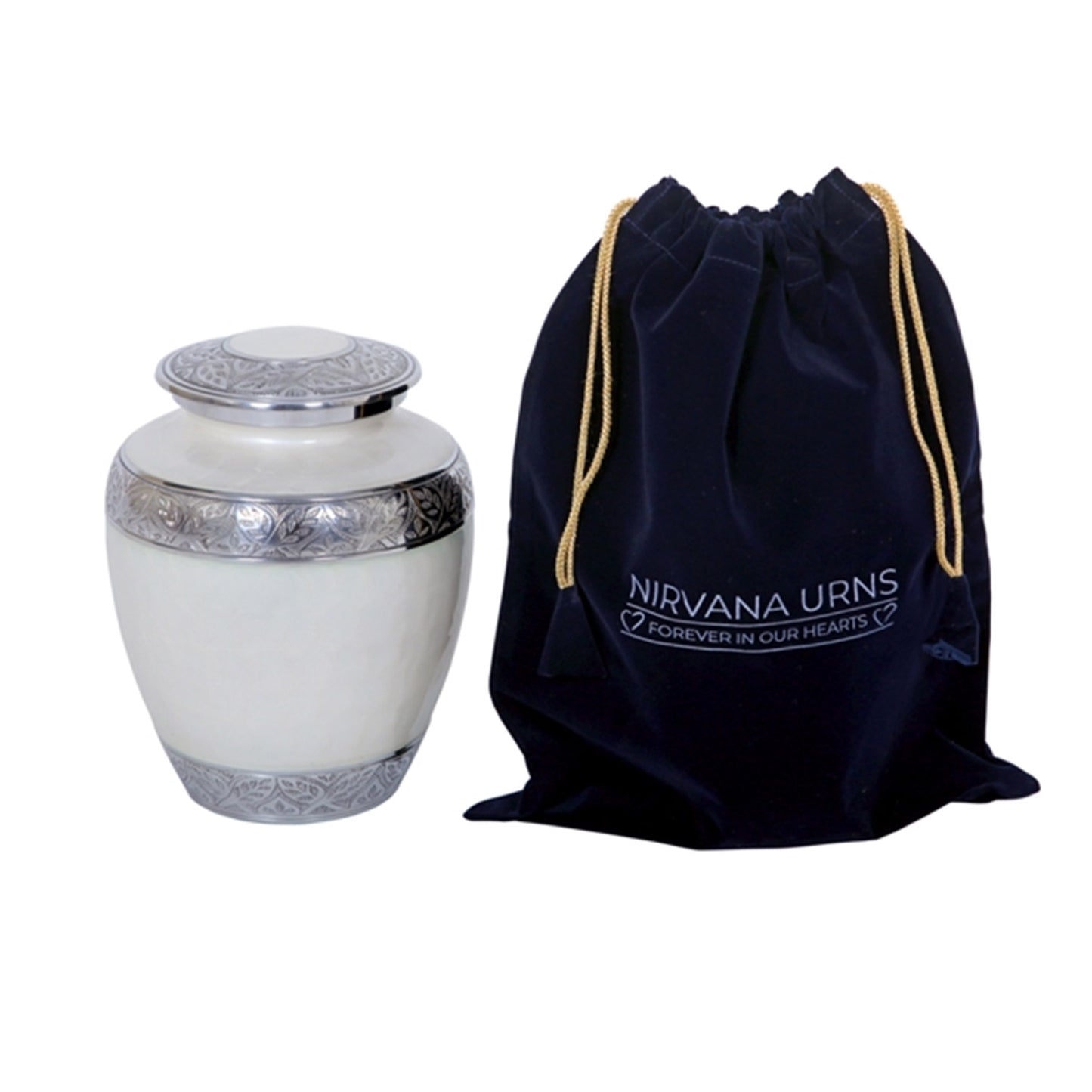 Adult Cremation Urn Aluminum Elegant White Finish & Engraved Ornament Design (Product Code NUEWEO)