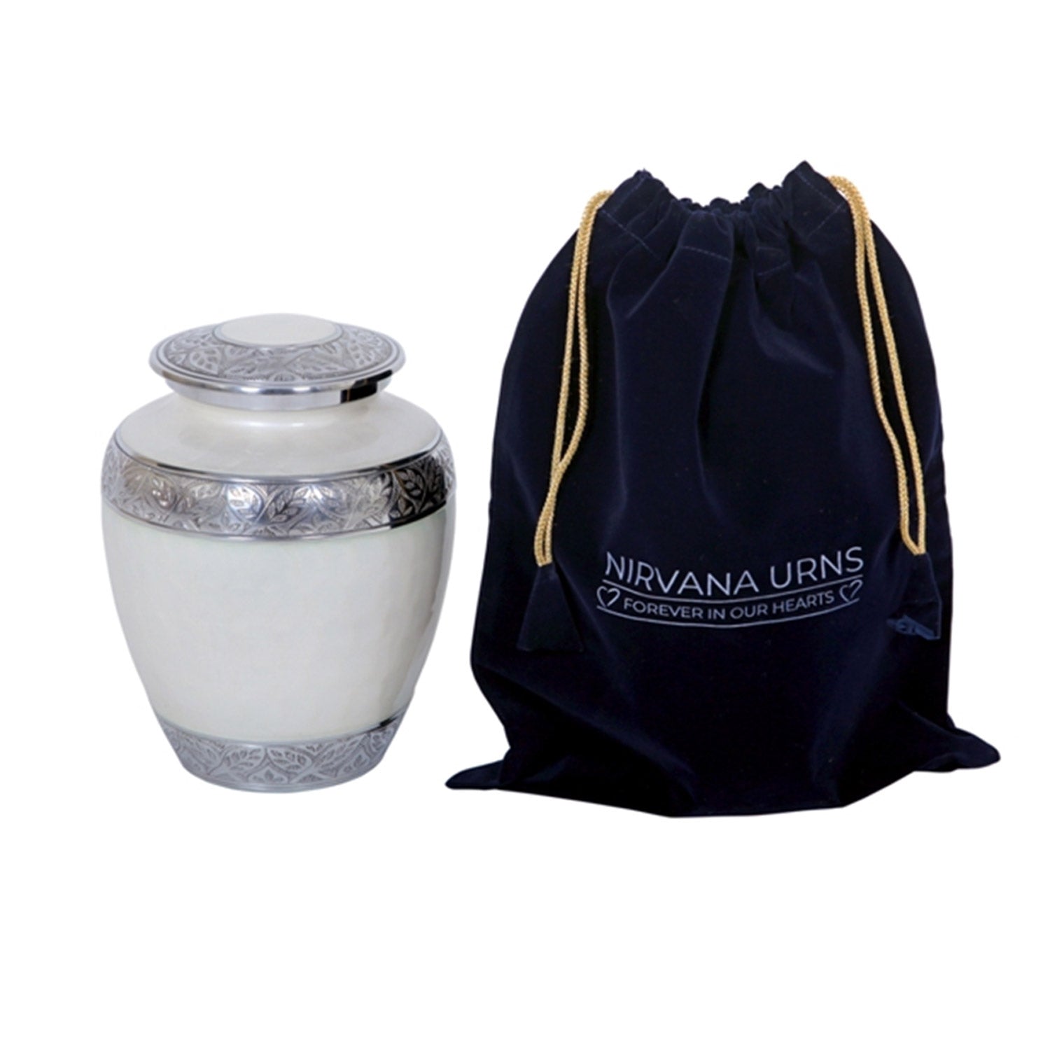 Adult Cremation Urn Aluminum Elegant White Finish & Engraved Ornament Design (Product Code NUEWEO)