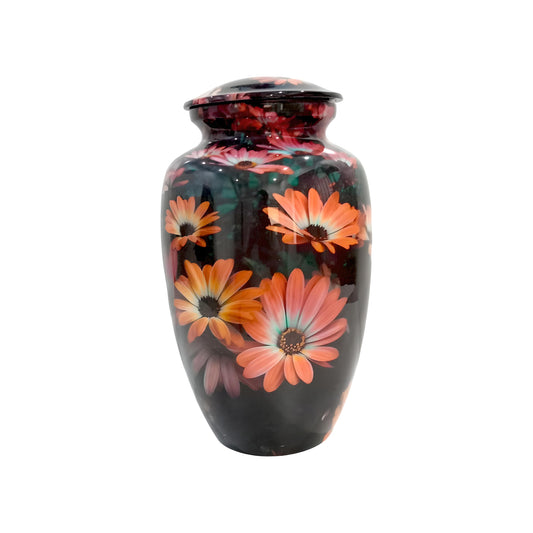 Adult Cremation Urn Black with Orange Floral Blossom Design & Velvet Bag (Product Code NUBSF)