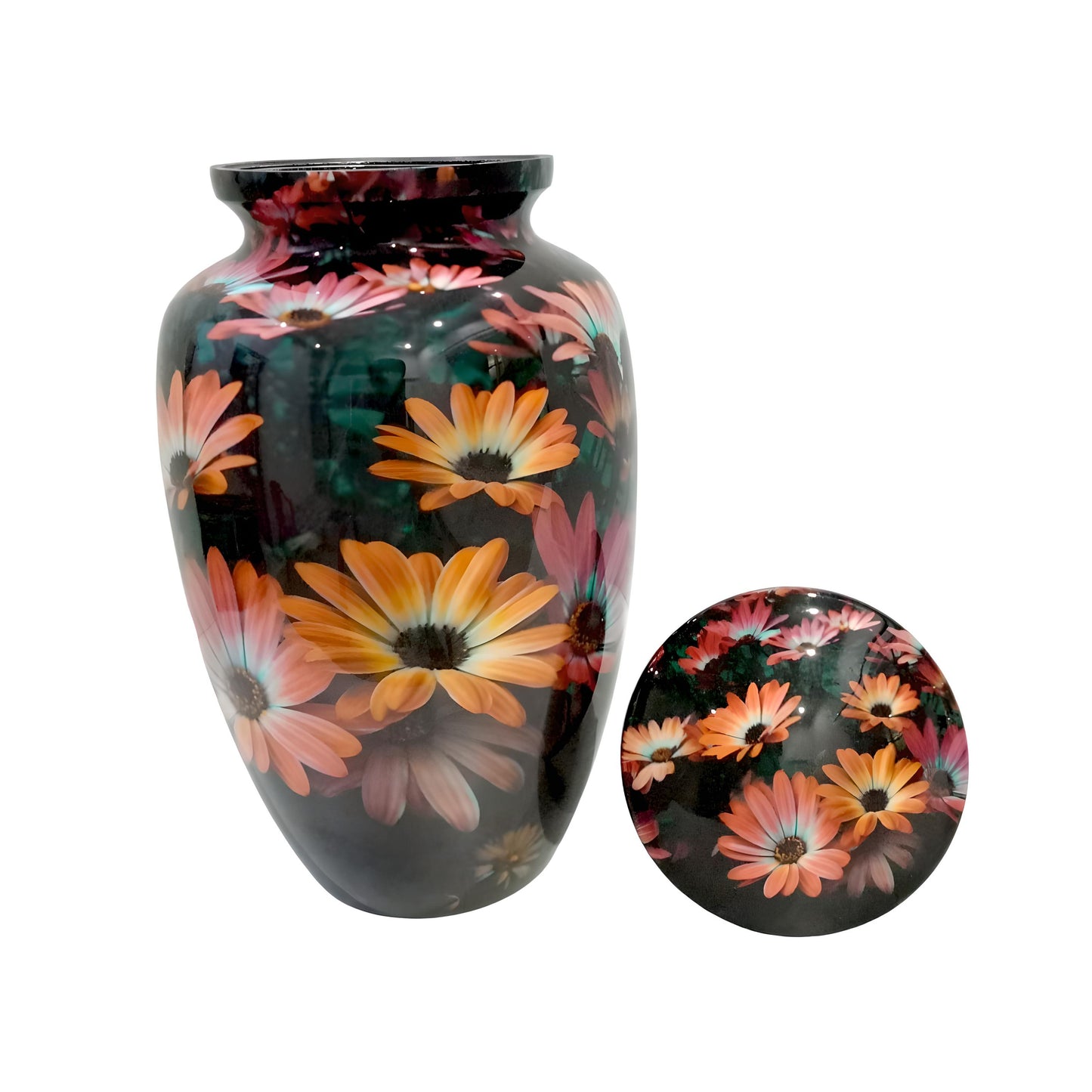 Adult Cremation Urn Black with Orange Floral Blossom Design & Velvet Bag (Product Code NUBSF)