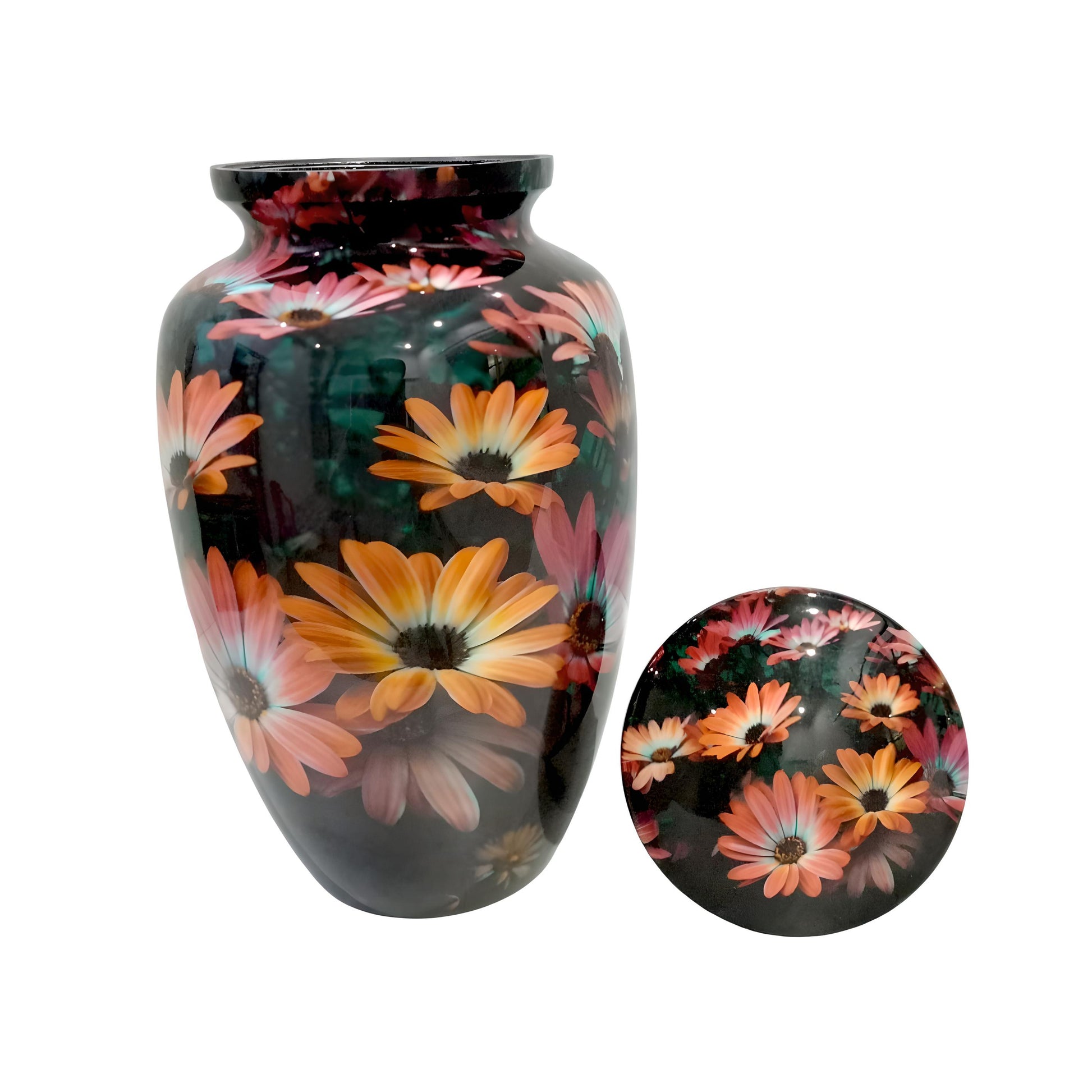Adult Cremation Urn Black with Orange Floral Blossom Design & Velvet Bag (Product Code NUBSF)