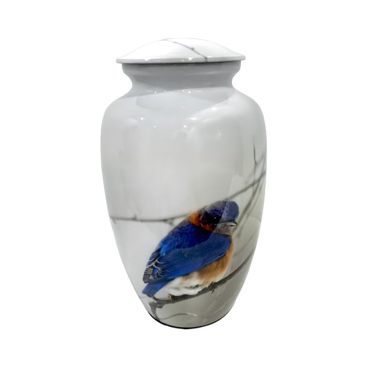 Adult Cremation Urn Blue Bird Design in White Gloss Finish (Product Code NUPBF)