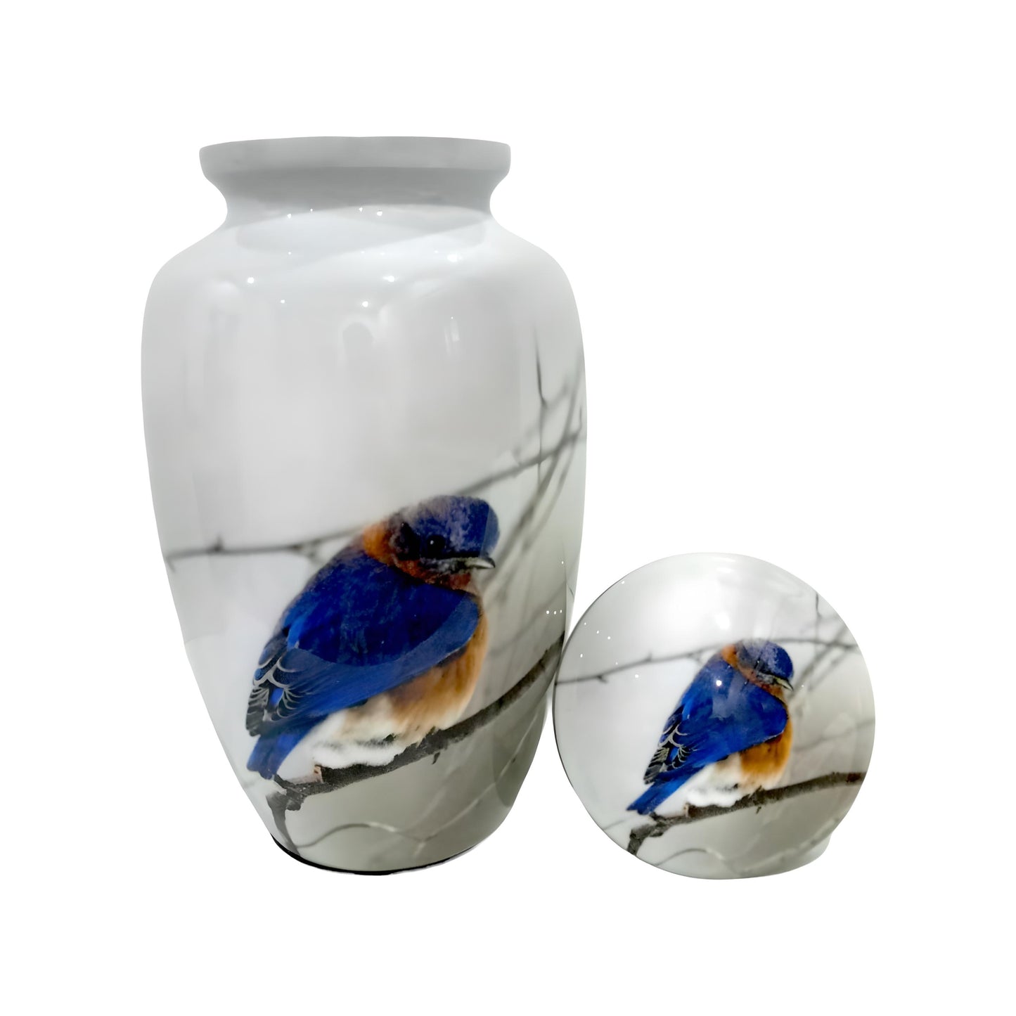 Adult Cremation Urn Blue Bird Design in White Gloss Finish (Product Code NUPBF)