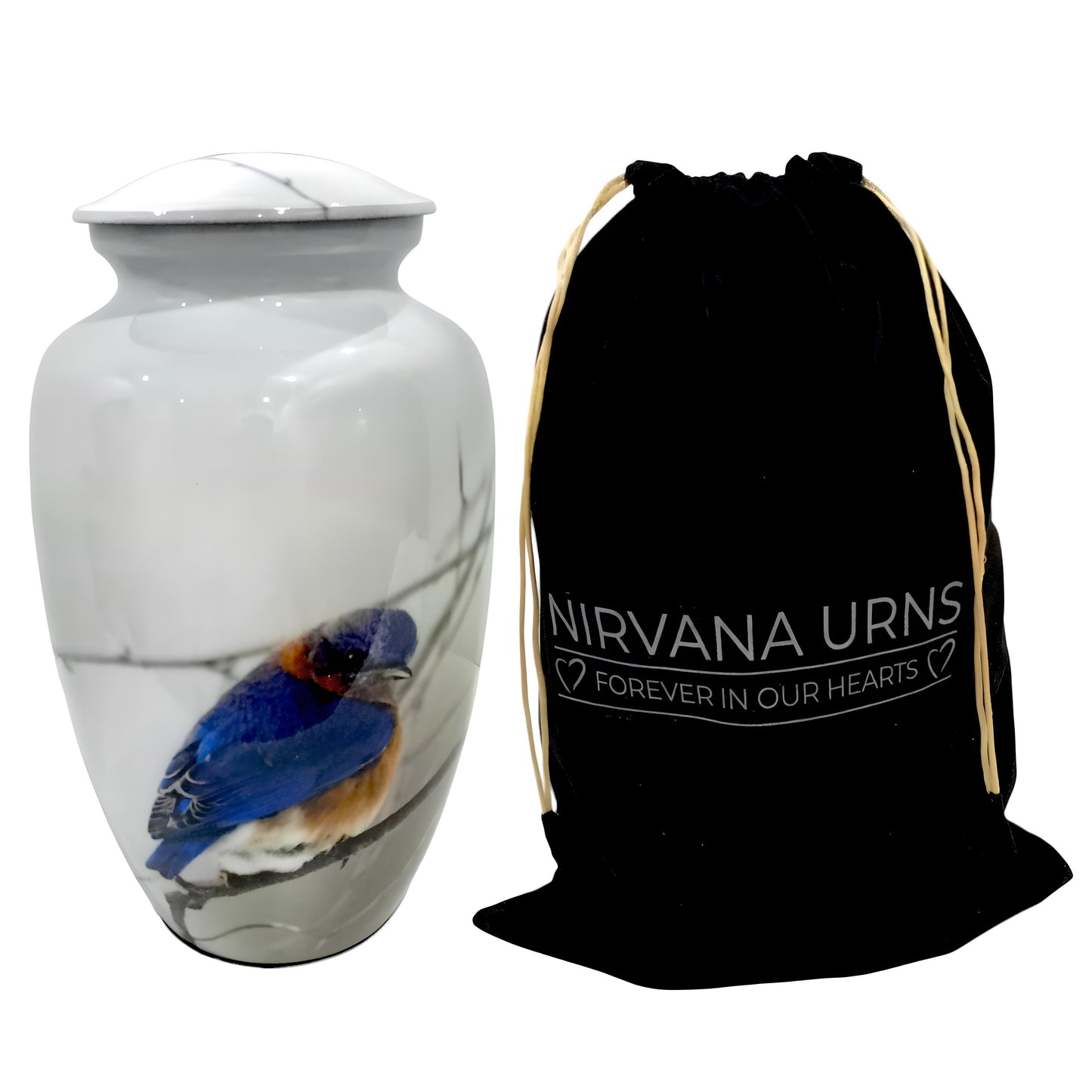 Adult Cremation Urn Blue Bird Design in White Gloss Finish (Product Code NUPBF)