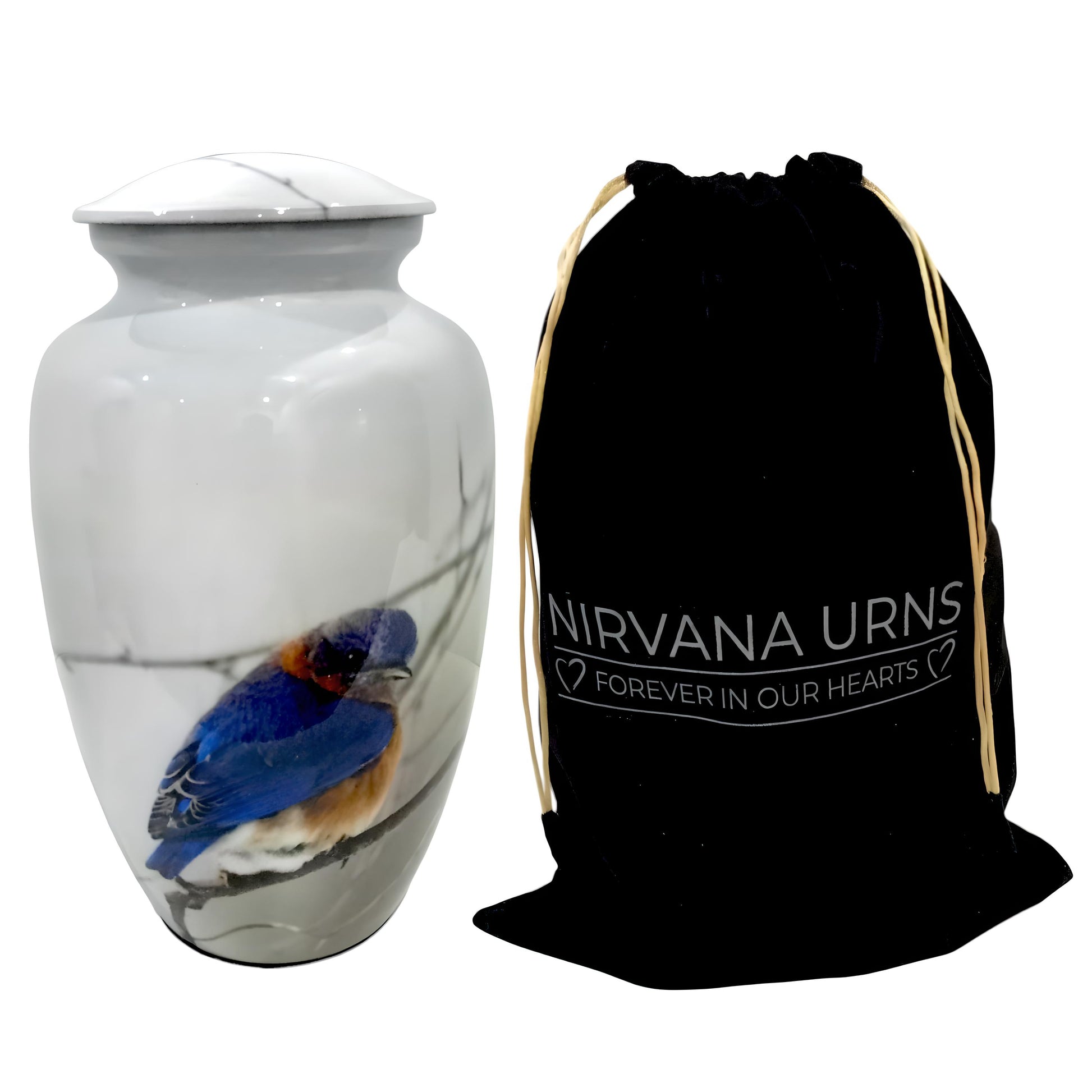 Adult Cremation Urn Blue Bird Design in White Gloss Finish (Product Code NUPBF)