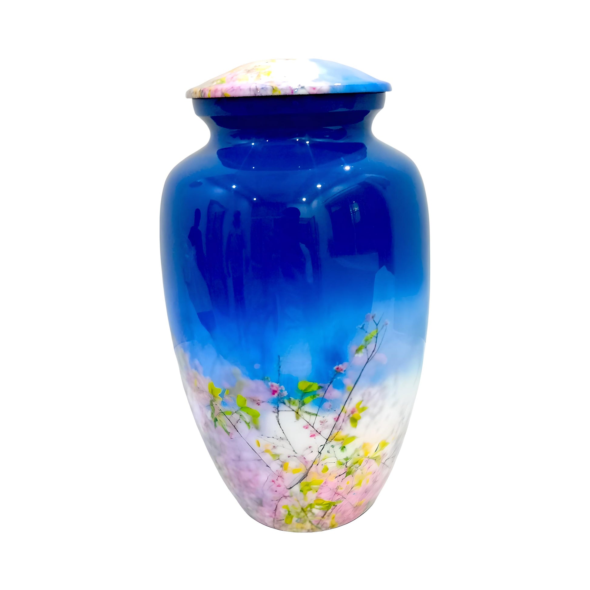 Adult Cremation Urn Blue Floral Blossom Design Gloss Aluminum Finish (Product Code NUFLB)
