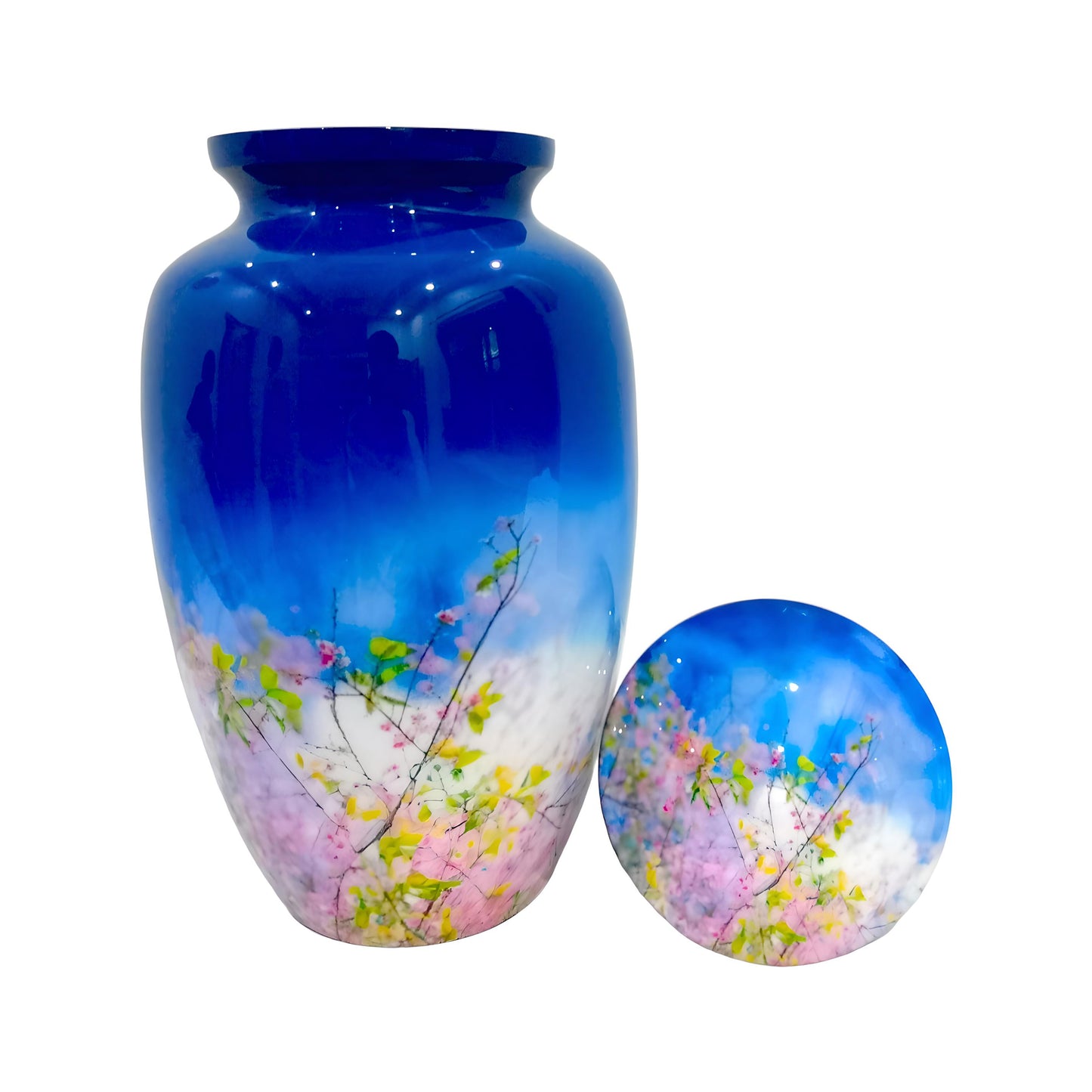 Adult Cremation Urn Blue Floral Blossom Design Gloss Aluminum Finish (Product Code NUFLB)