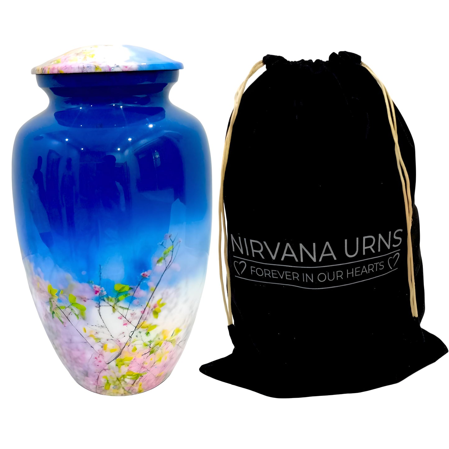 Adult Cremation Urn Blue Floral Blossom Design Gloss Aluminum Finish (Product Code NUFLB)