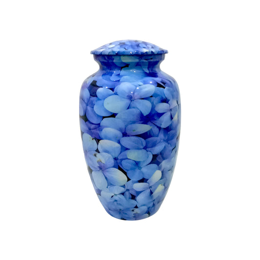 Adult Cremation Urn Blue Hydrangea Petal Design in Gloss Finish (Product Code: NUPT)