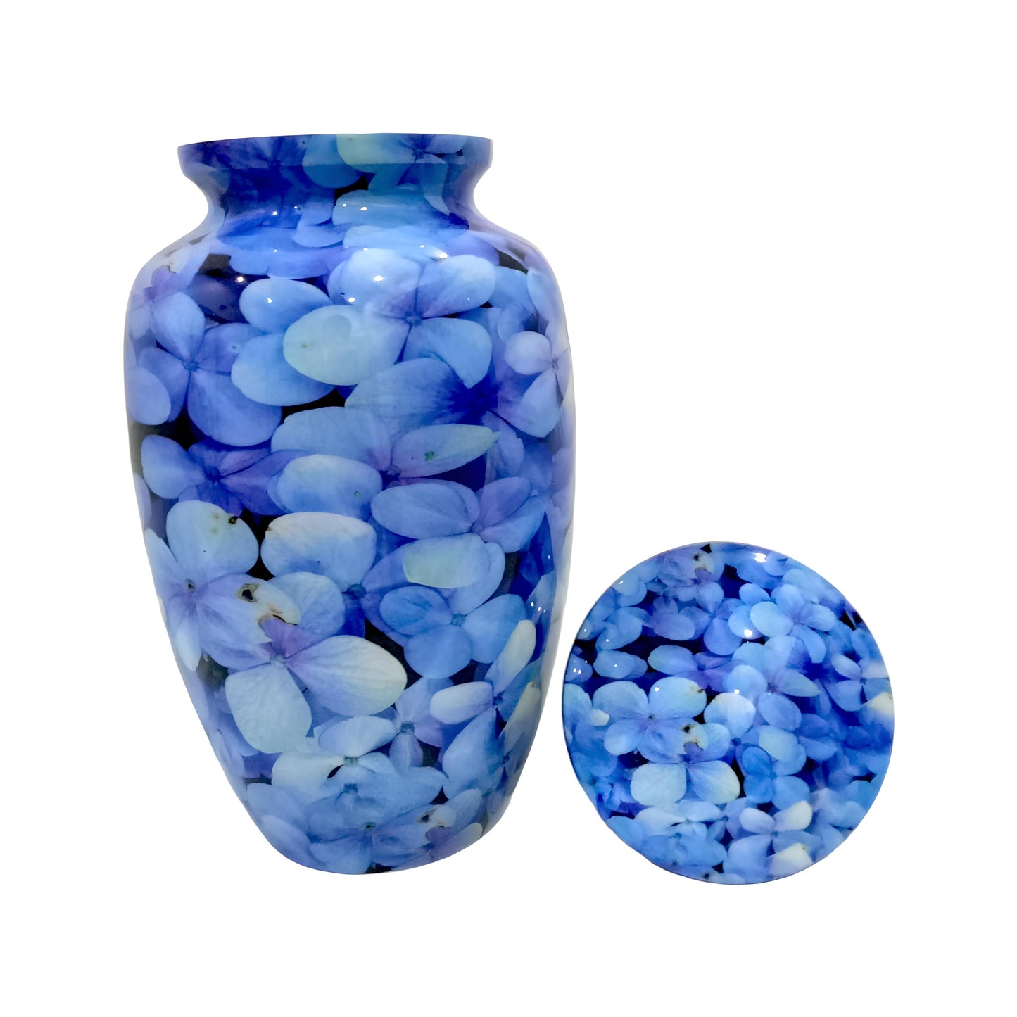 Adult Cremation Urn Blue Hydrangea Petal Design in Gloss Finish (Product Code: NUPT)