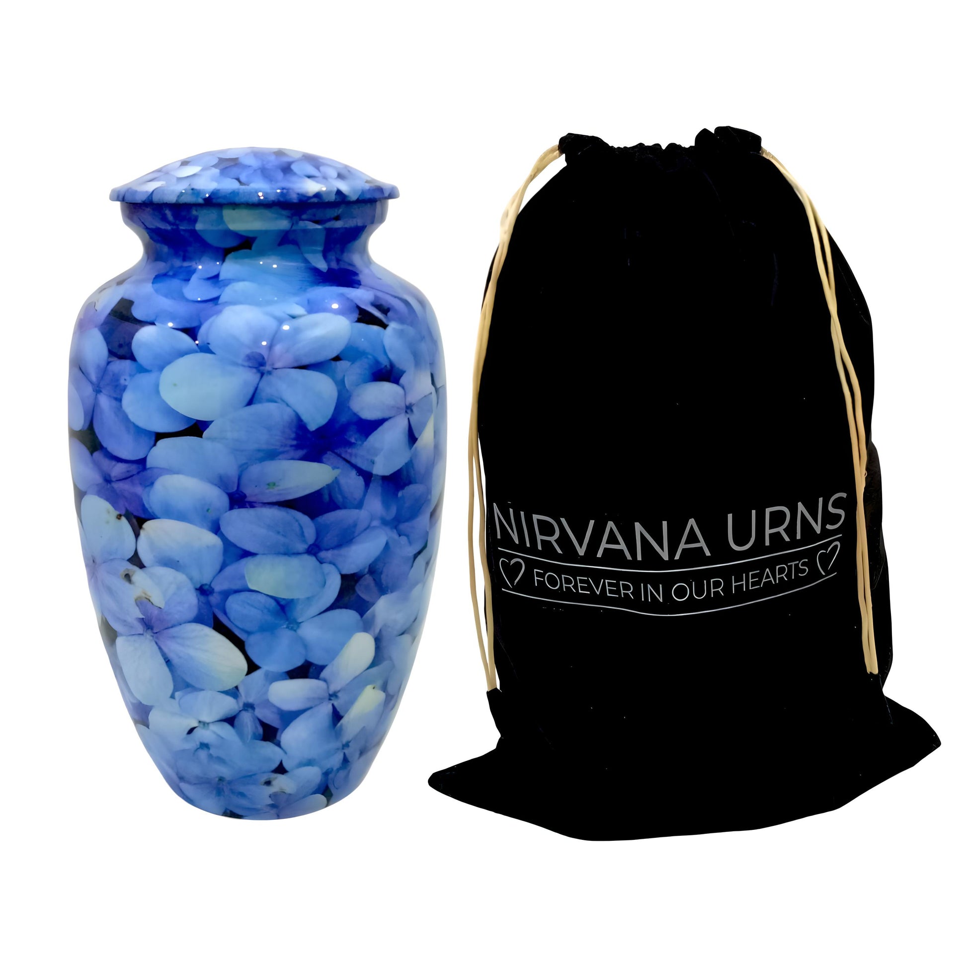 Adult Cremation Urn Blue Hydrangea Petal Design in Gloss Finish (Product Code: NUPT)