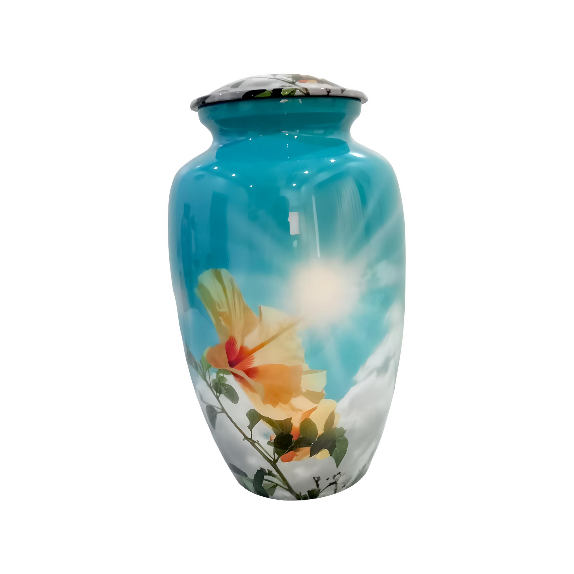 Adult Cremation Urn Blue Sky & Yellow Floral Design with Velvet Bag (Product Code NUBSCYF)