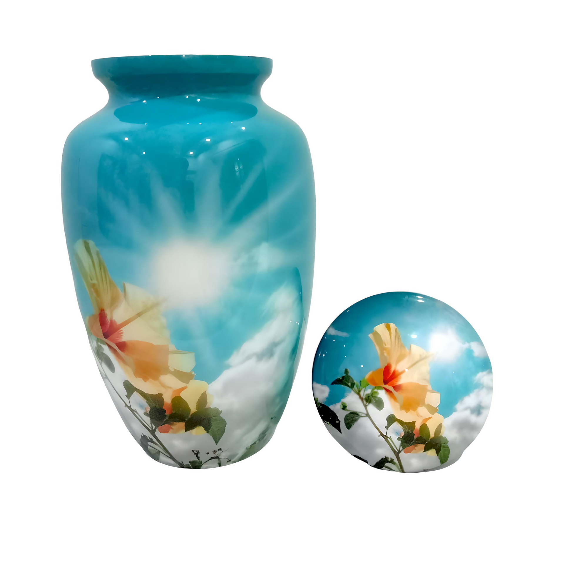 Adult Cremation Urn Blue Sky & Yellow Floral Design with Velvet Bag (Product Code NUBSCYF)