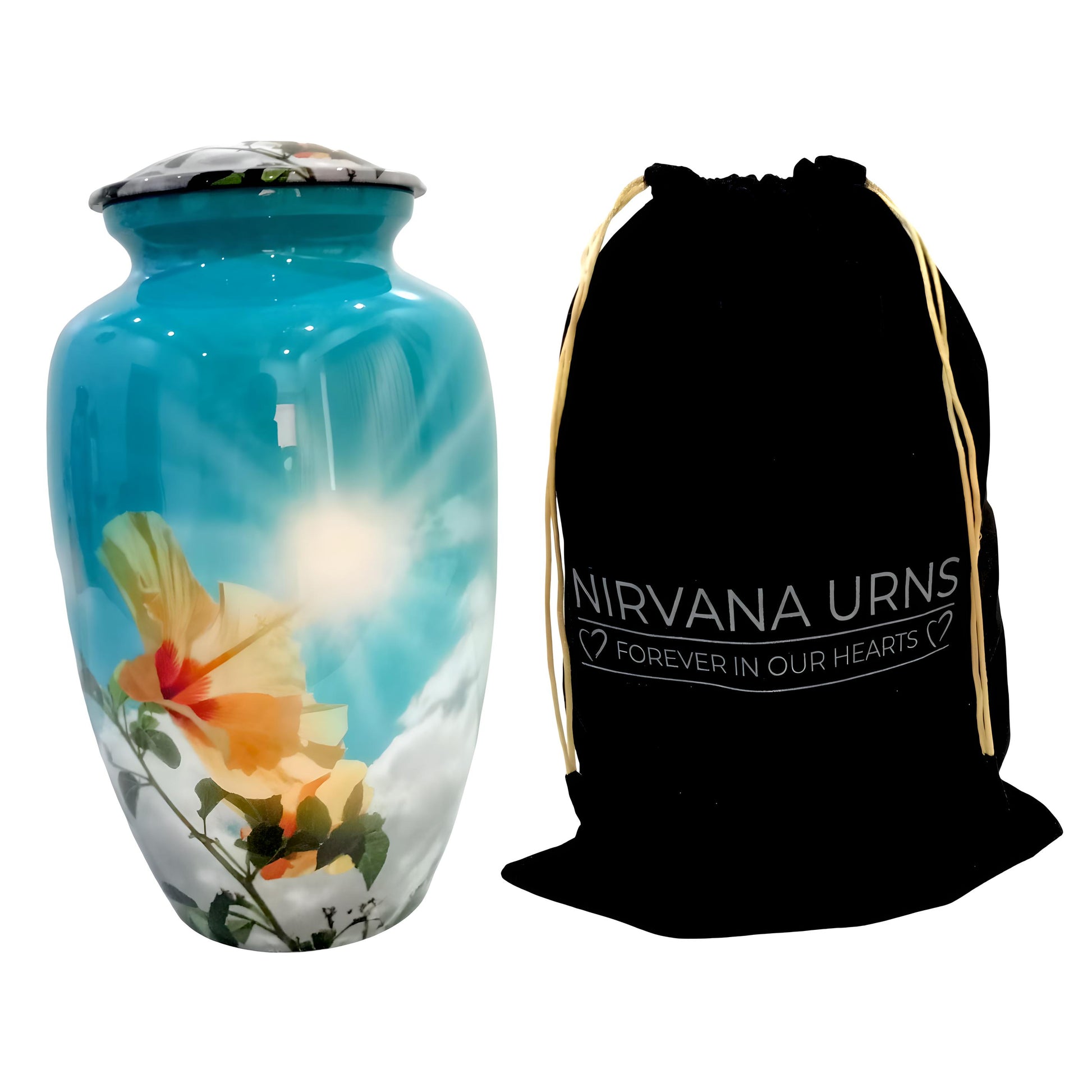 Adult Cremation Urn Blue Sky & Yellow Floral Design with Velvet Bag (Product Code NUBSCYF)