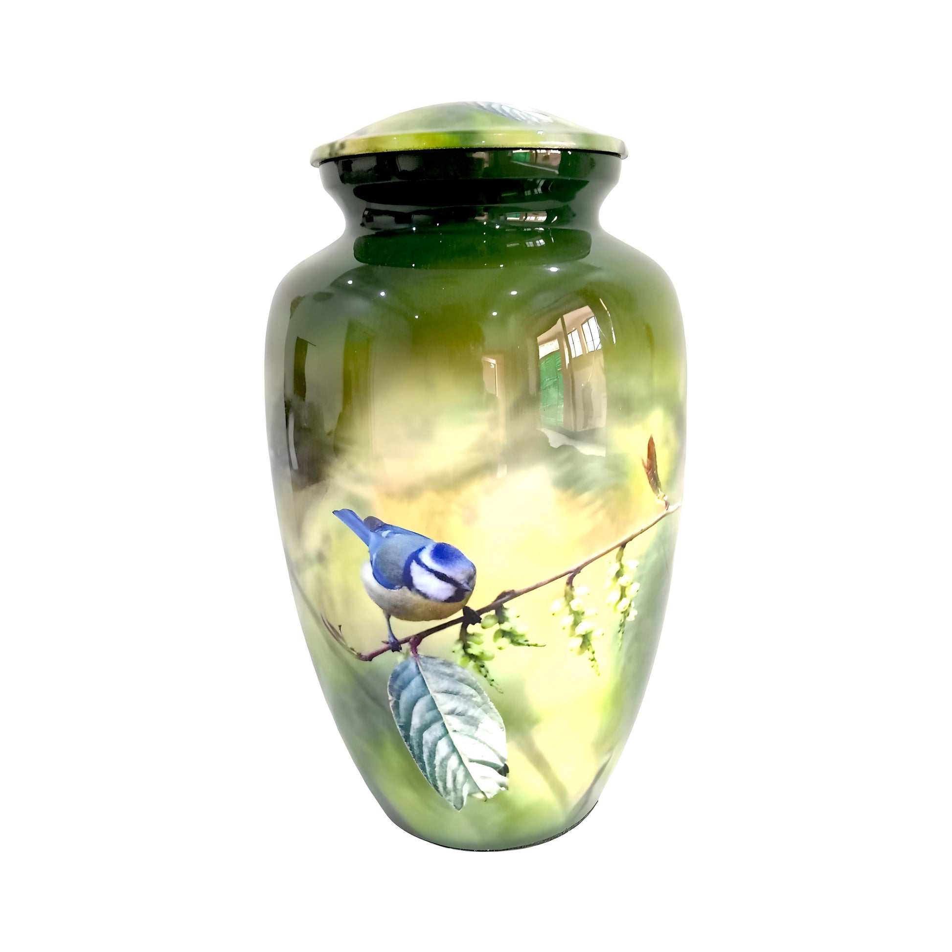 Adult Cremation Urn Bluebird on Branch Design in Gloss Green Finish (Product Code: NUPBTH)