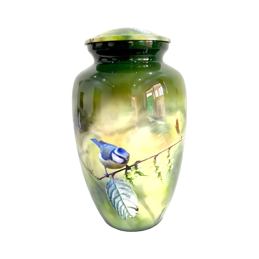 Adult Cremation Urn Bluebird on Branch Design in Gloss Green Finish (Product Code: NUPBTH)