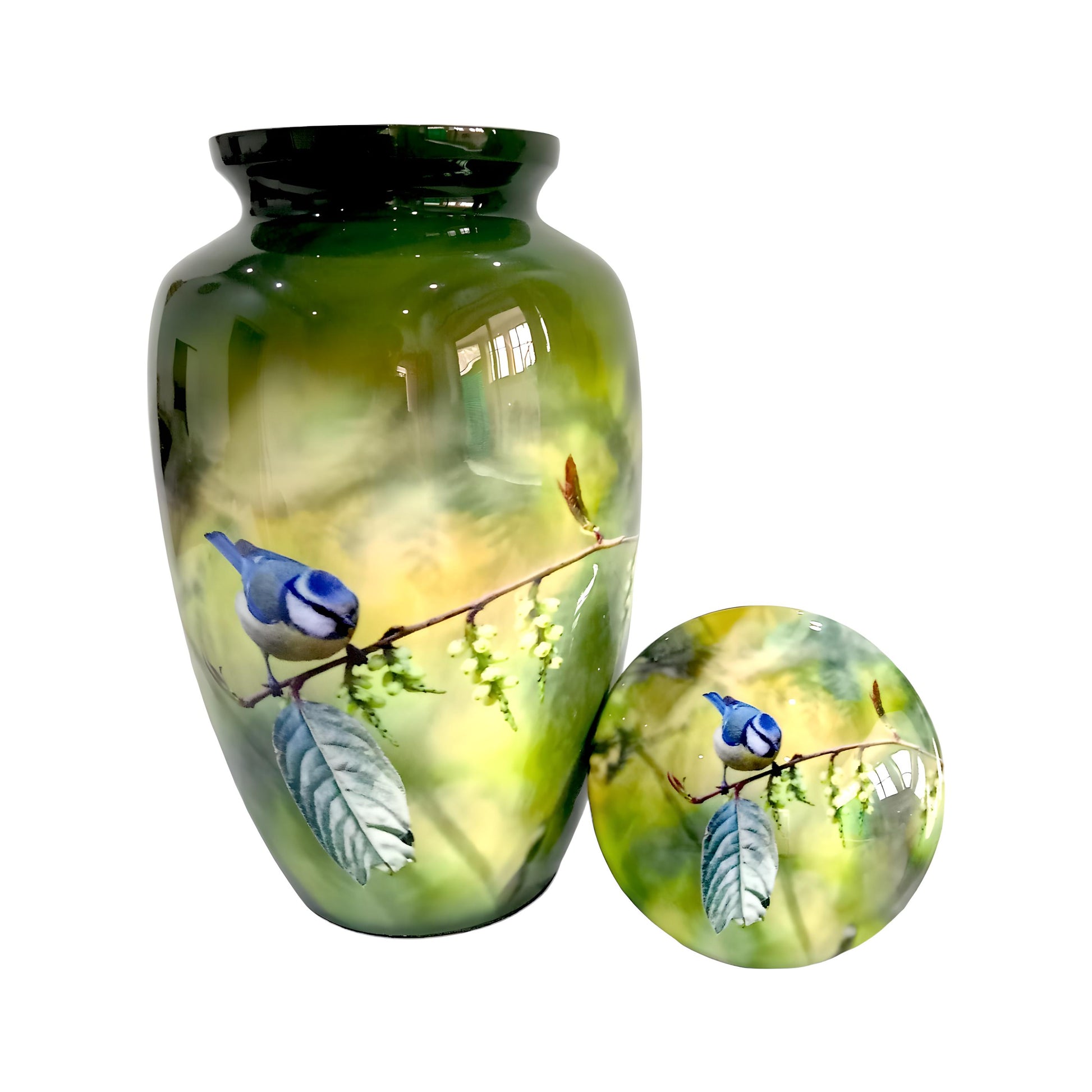 Adult Cremation Urn Bluebird on Branch Design in Gloss Green Finish (Product Code: NUPBTH)