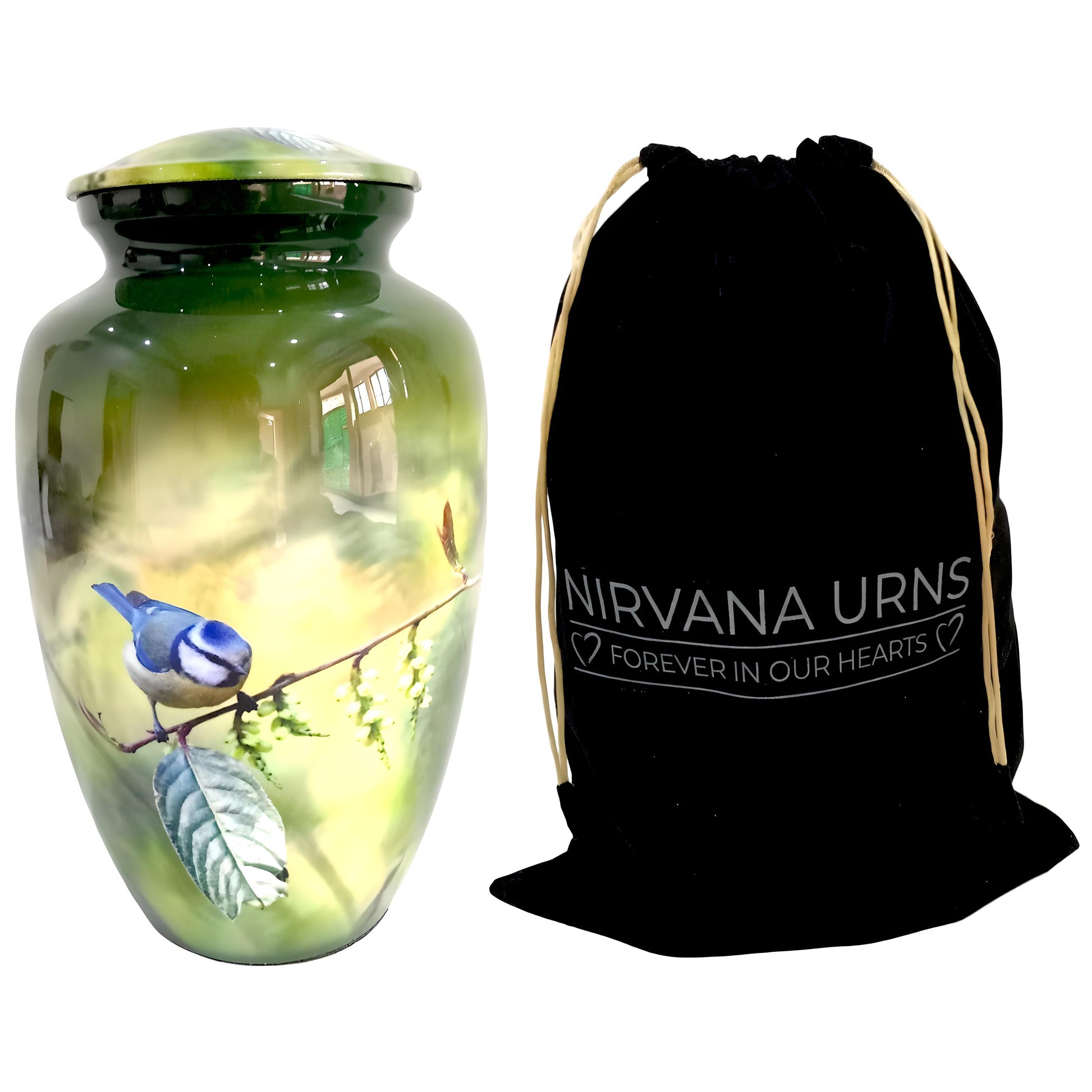 Adult Cremation Urn Bluebird on Branch Design in Gloss Green Finish (Product Code: NUPBTH)
