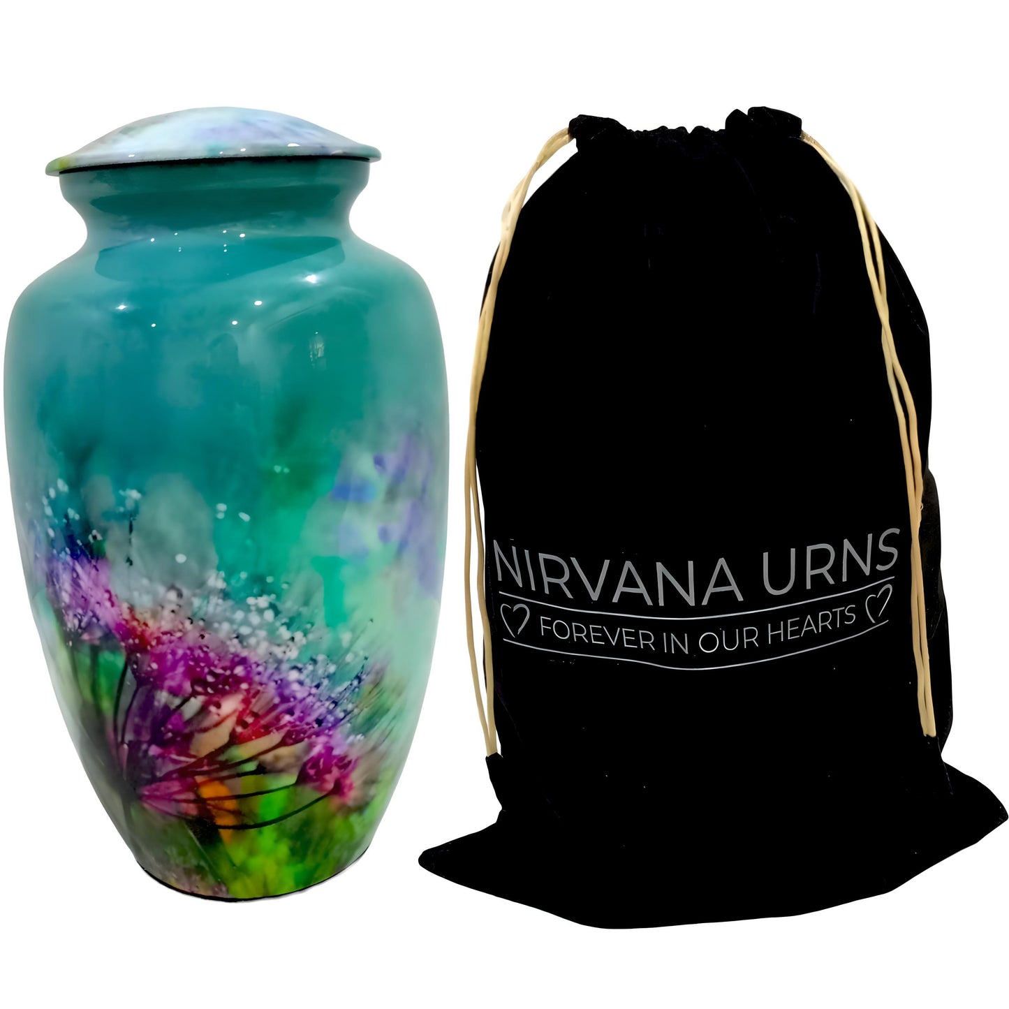 Adult Cremation Urn Floral Wildflower Design Gloss Teal Aluminum Finish (Product Code NUFWD)