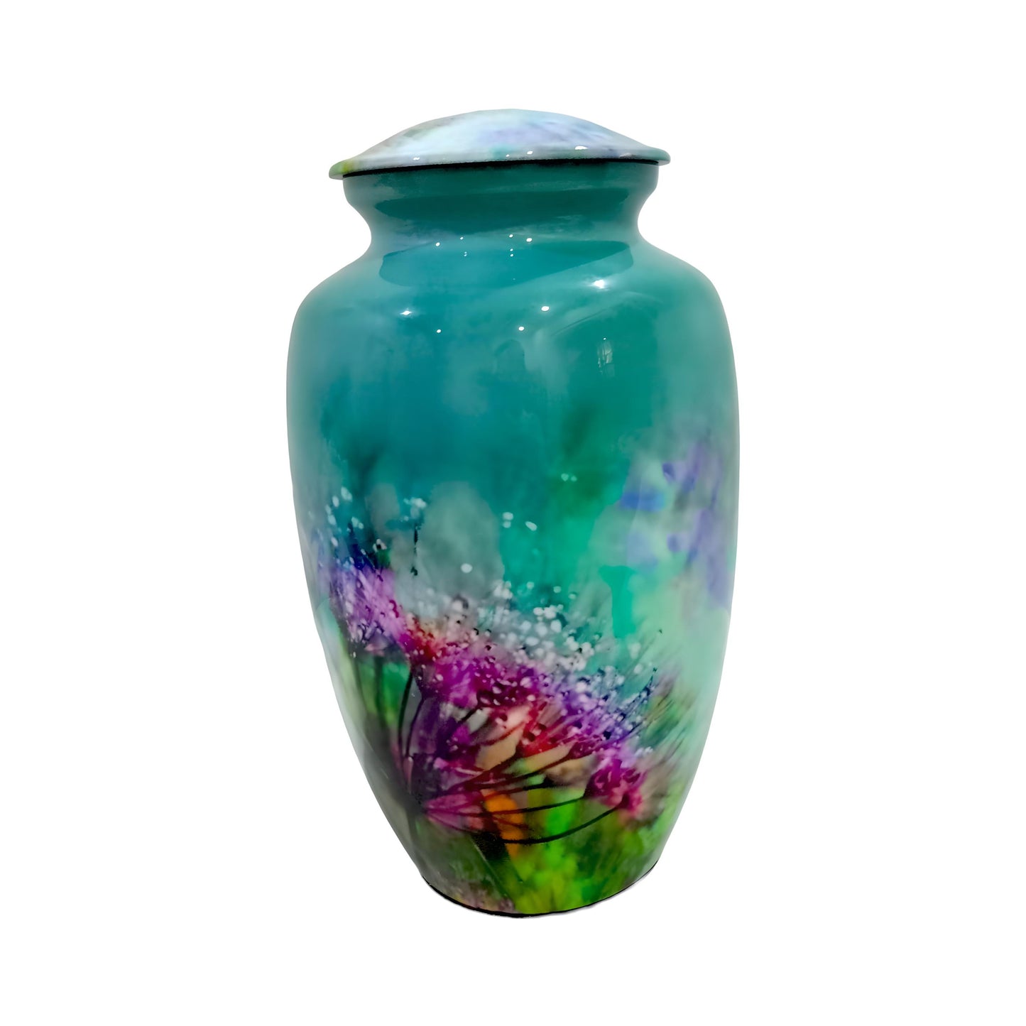 Adult Cremation Urn Floral Wildflower Design Gloss Teal Aluminum Finish (Product Code NUFWD)