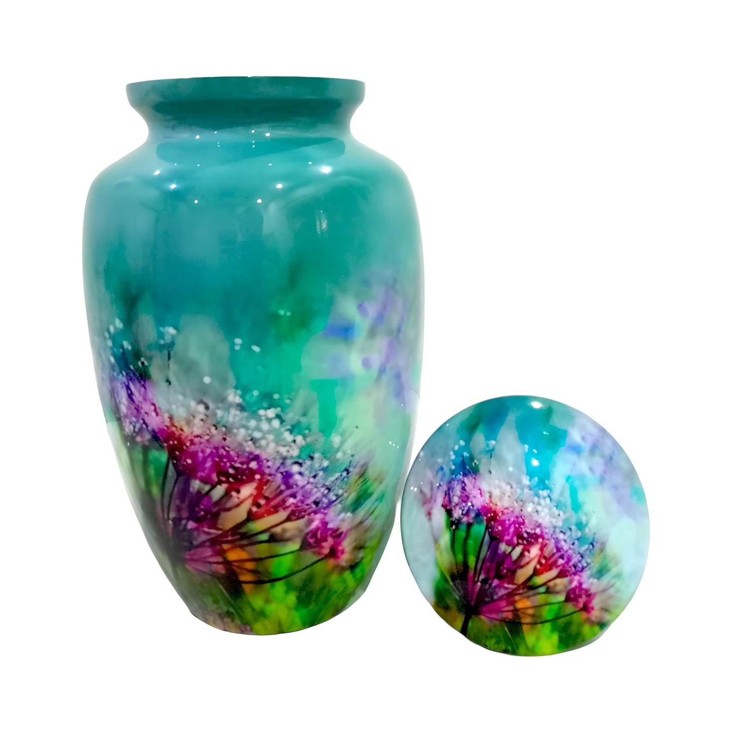 Adult Cremation Urn Floral Wildflower Design Gloss Teal Aluminum Finish (Product Code NUFWD)