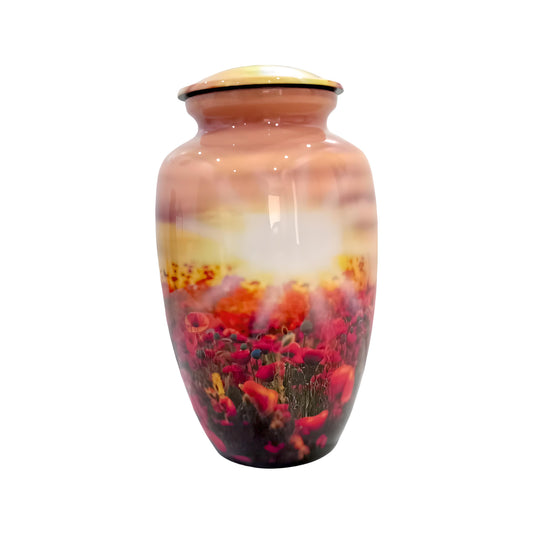 Adult Cremation Urn – Flower Field with Rising Sun Design in Gloss Finish (NURFSS)