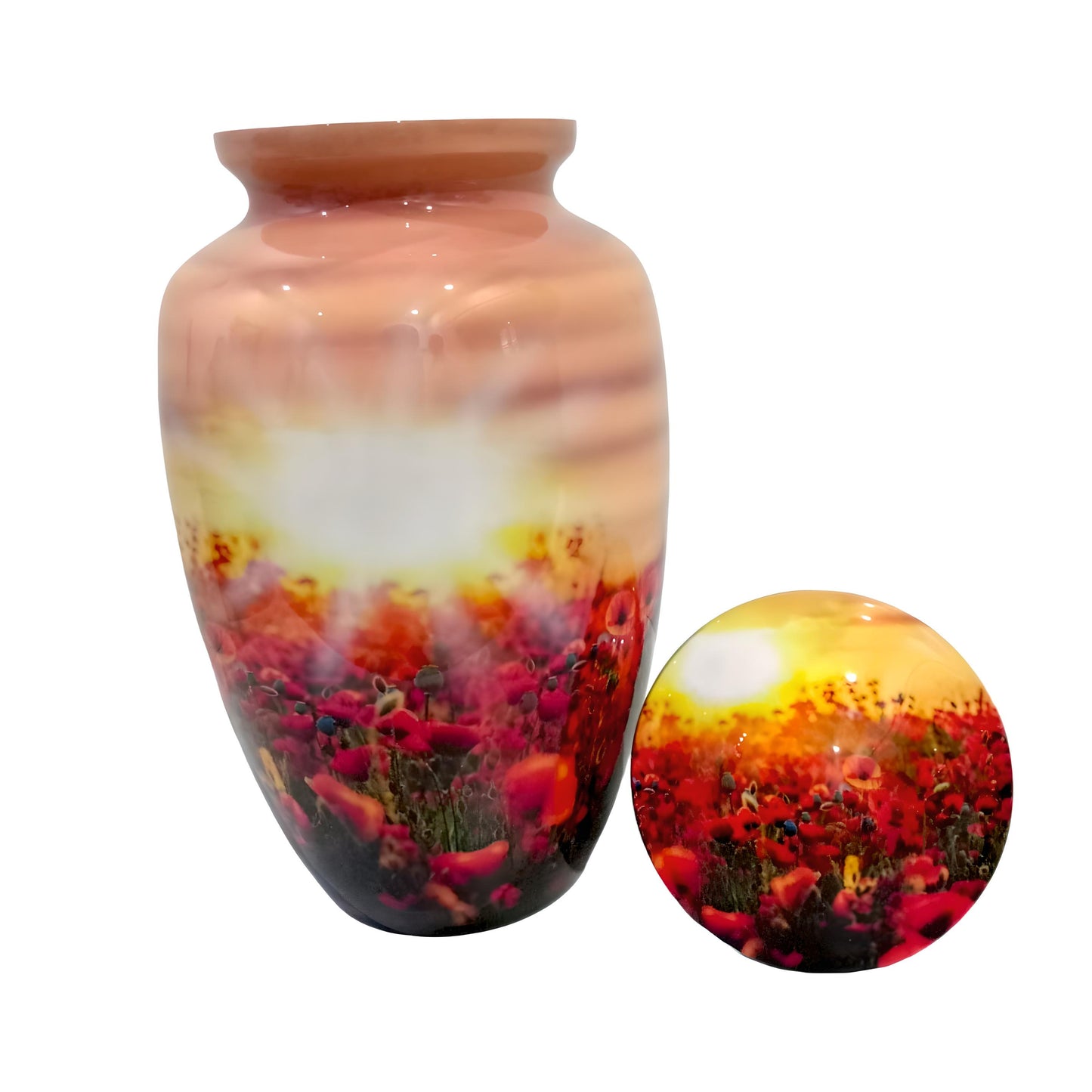 Adult Cremation Urn – Flower Field with Rising Sun Design in Gloss Finish (NURFSS)